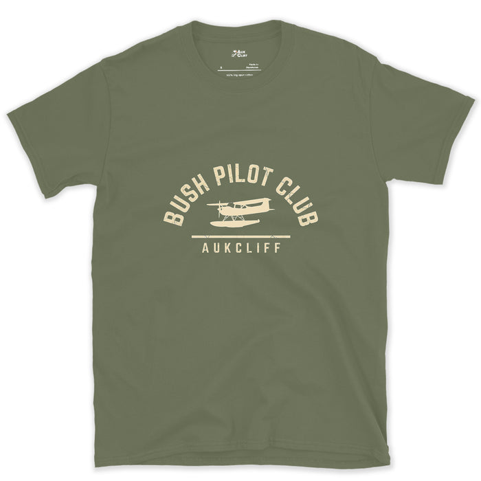 Bush Pilot Club Float Plane Badge design on a Military Green Gildan Softstyle t-shirt