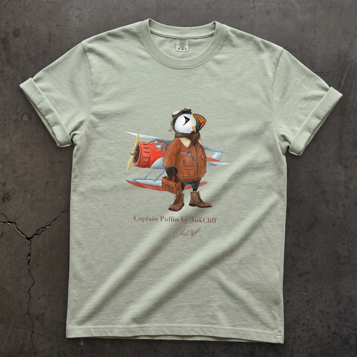 Captain Puffin Bush Pilot on a Bay Comfort Colors t-shirt