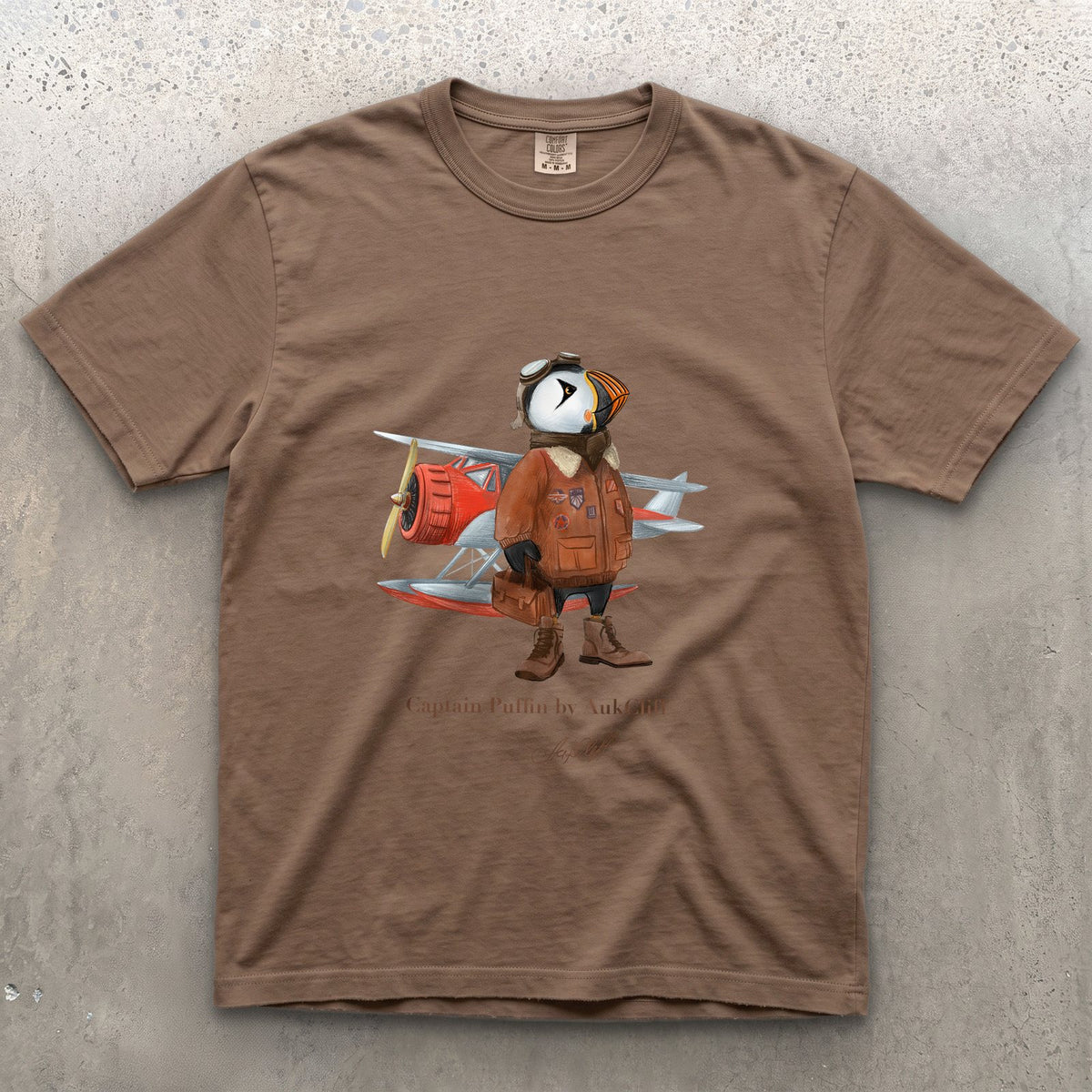 Captain Puffin Bush Pilot on a Espresso Comfort Colors t-shirt