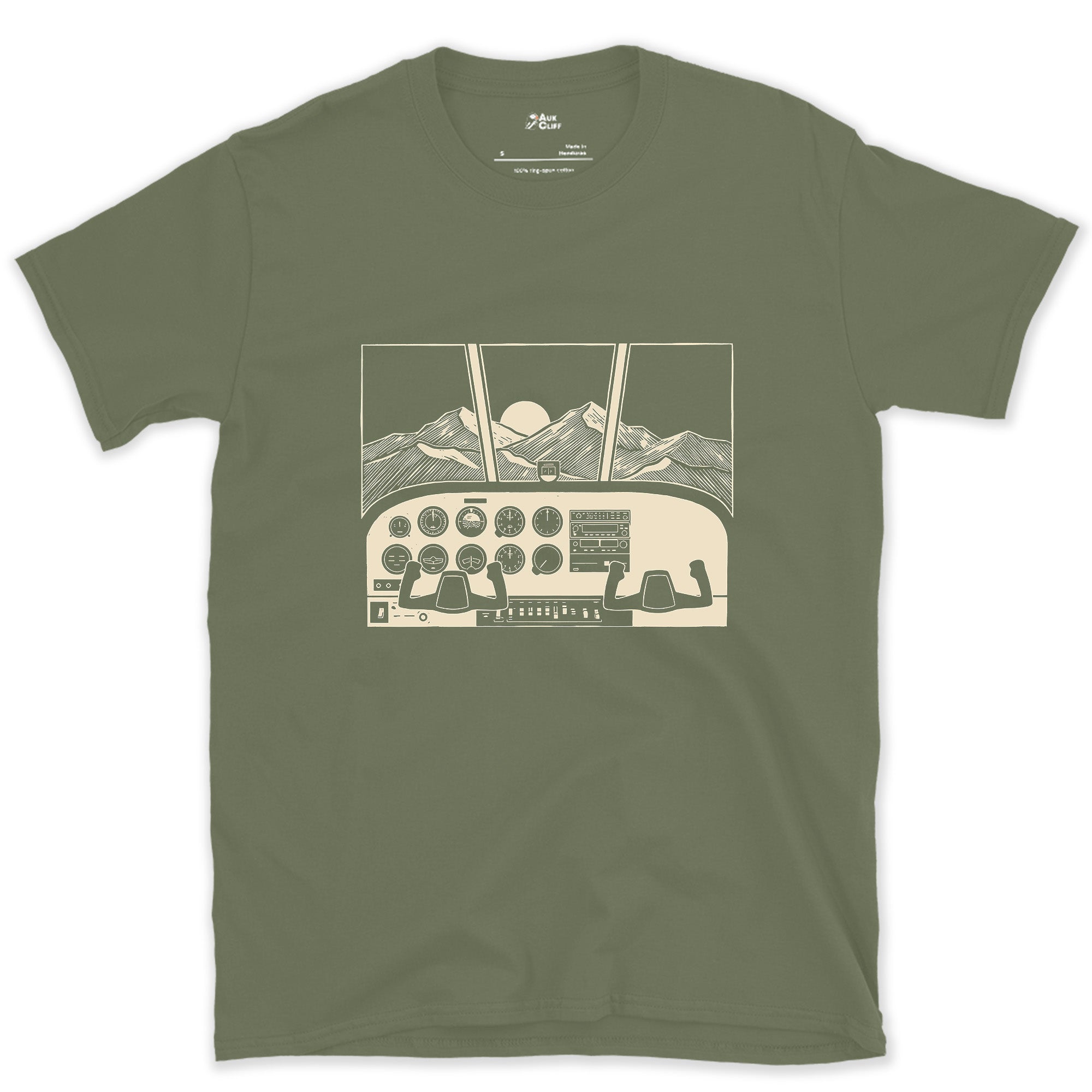 Stripped Back to Bold Ink, Windscreen View design on a Military Green Gildan Softstyle t-shirt