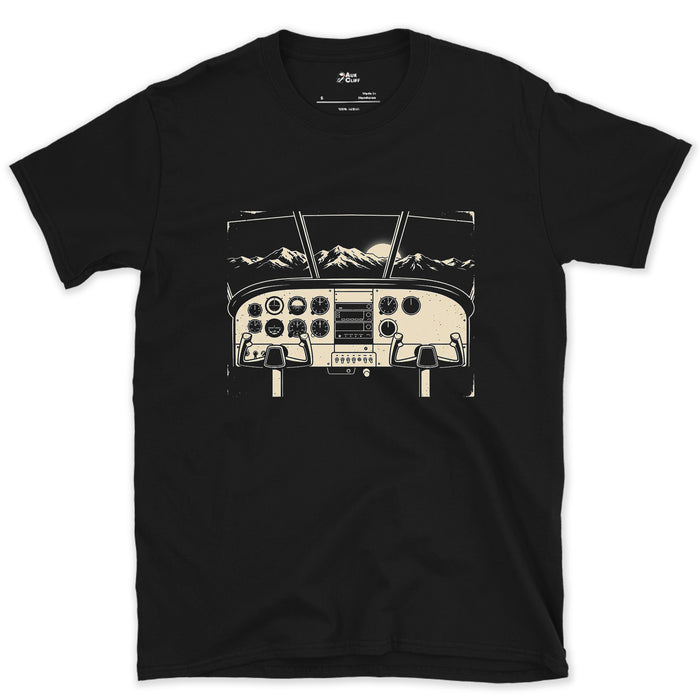 Instrument Panel Framing the Peaks Below design on a Black Gildan Softstyle t-shirt