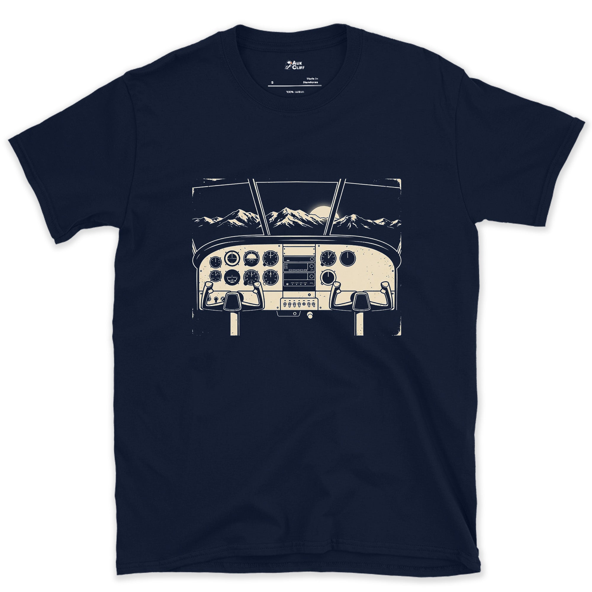 Instrument Panel Framing the Peaks Below design on a Navy Gildan Softstyle t-shirt