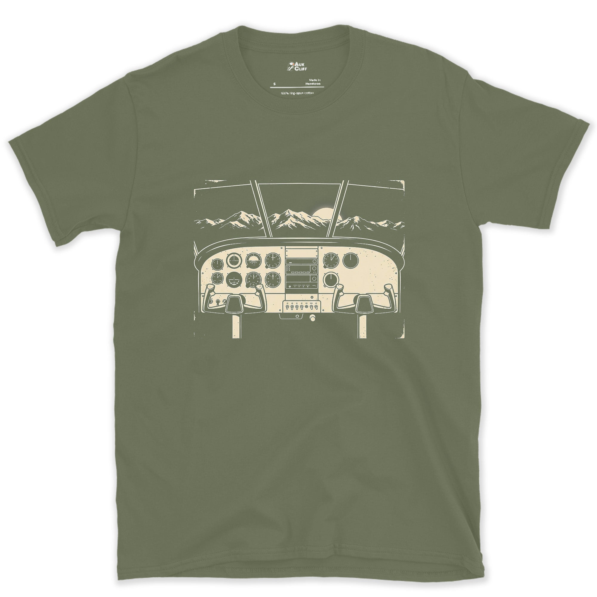 Instrument Panel Framing the Peaks Below design on a Military Green Gildan Softstyle t-shirt