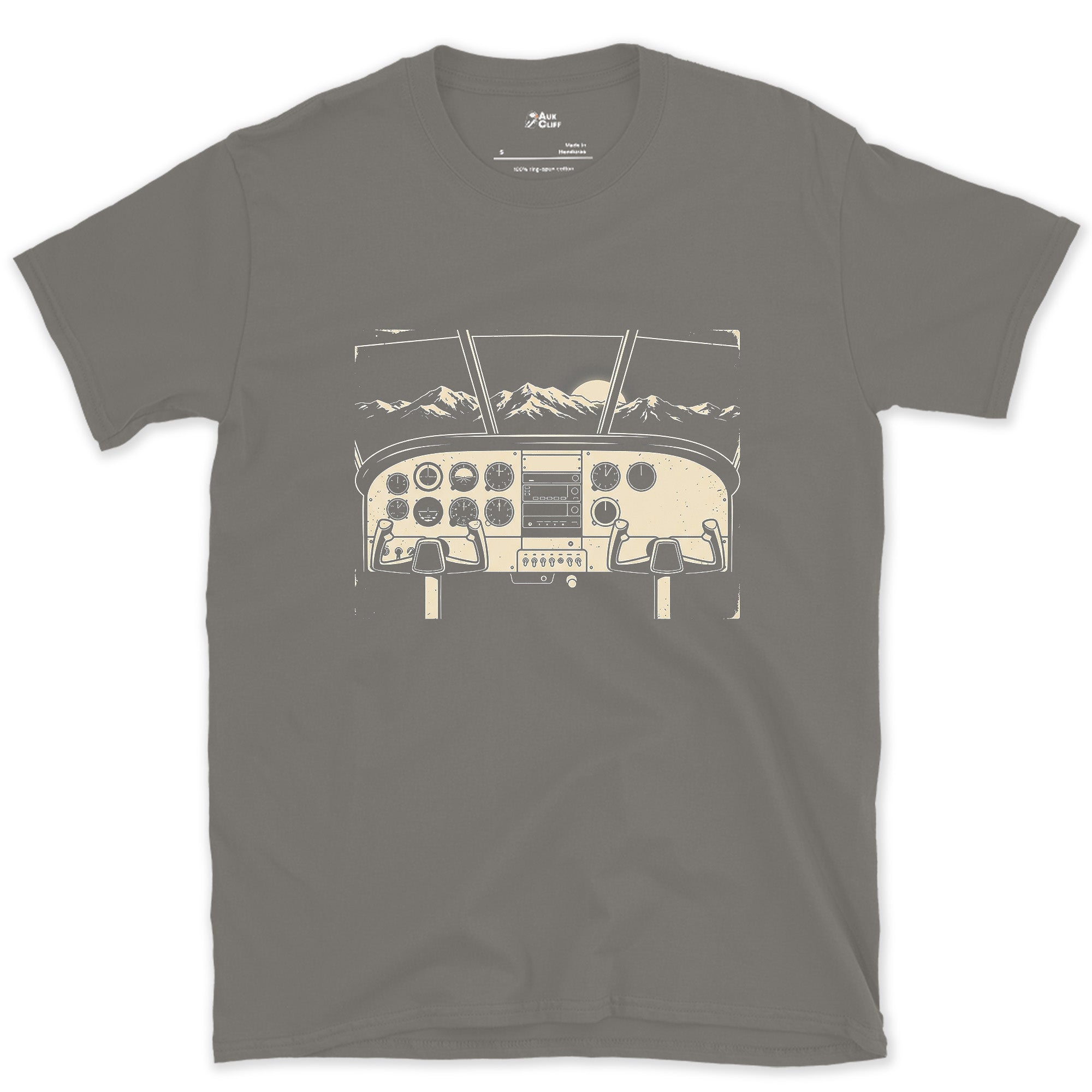 Instrument Panel Framing the Peaks Below design on a Charcoal Gildan Softstyle t-shirt