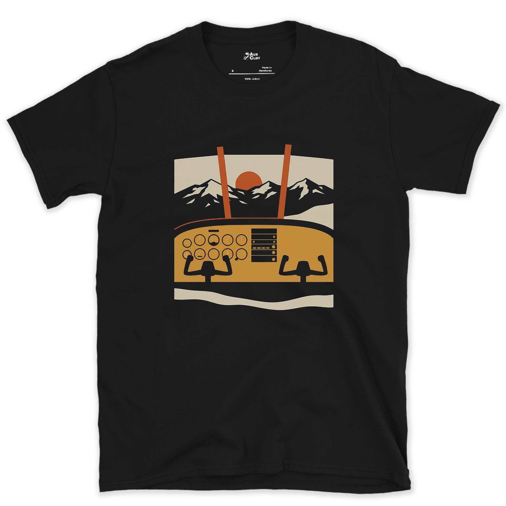 Only a Bush Pilot Flies This Route, Cockpit View design on a Black Gildan Softstyle t-shirt