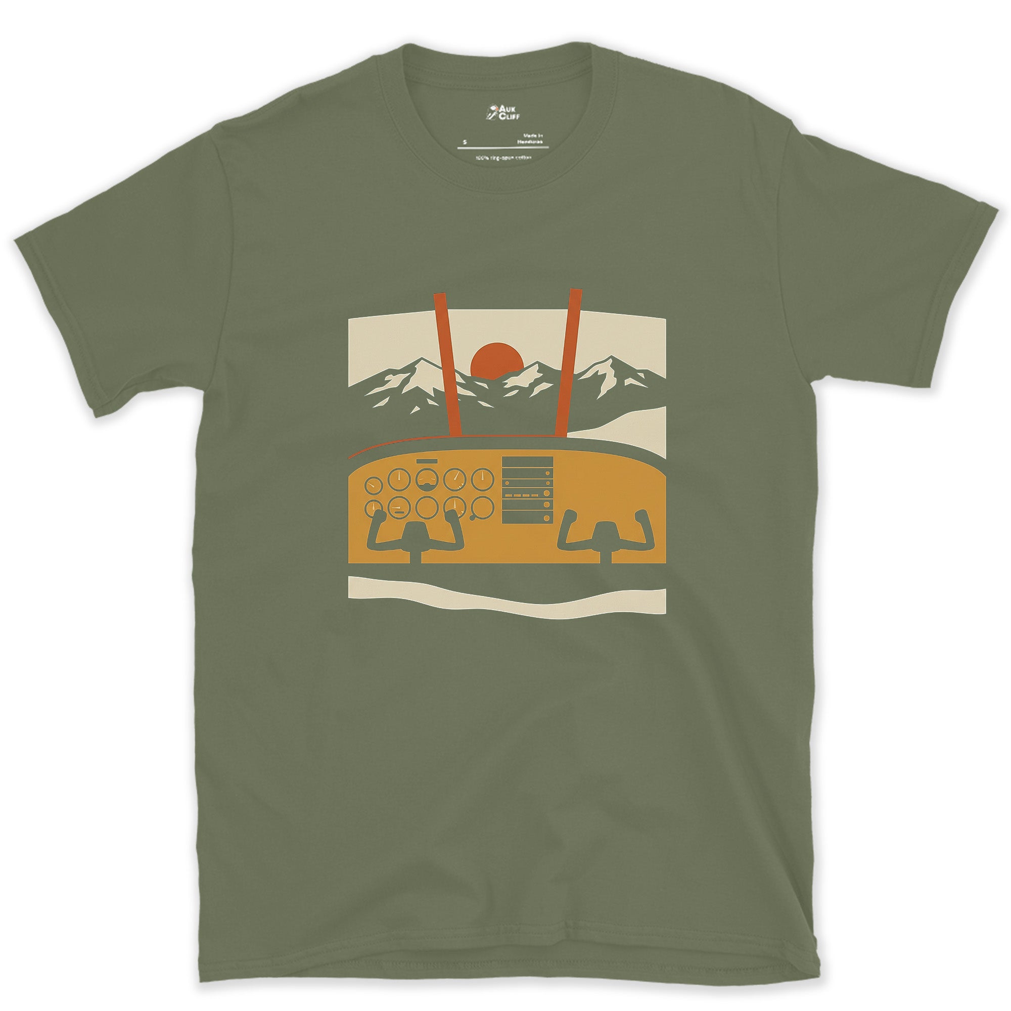Only a Bush Pilot Flies This Route, Cockpit View design on a Military Green Gildan Softstyle t-shirt