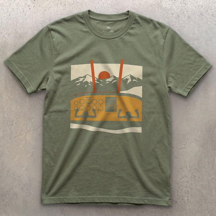 Only a Bush Pilot Flies This Route, Cockpit View design on a Military Green Gildan Softstyle t-shirt
