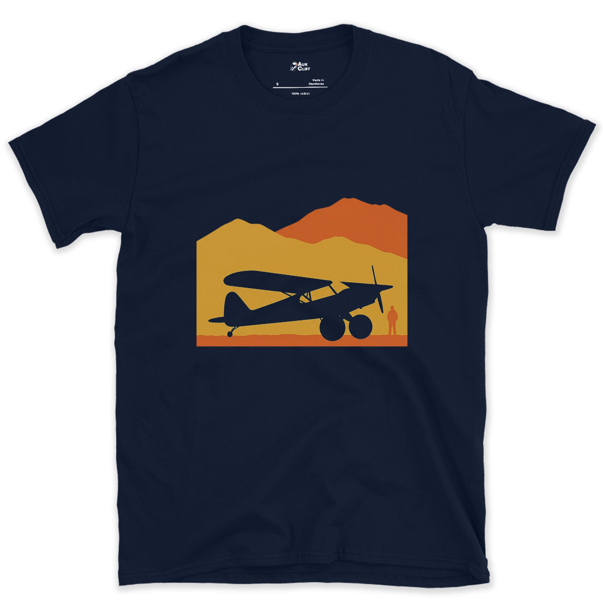 Bush Plane Crossing a Desert Dusk design on a Navy Gildan Softstyle t-shirt