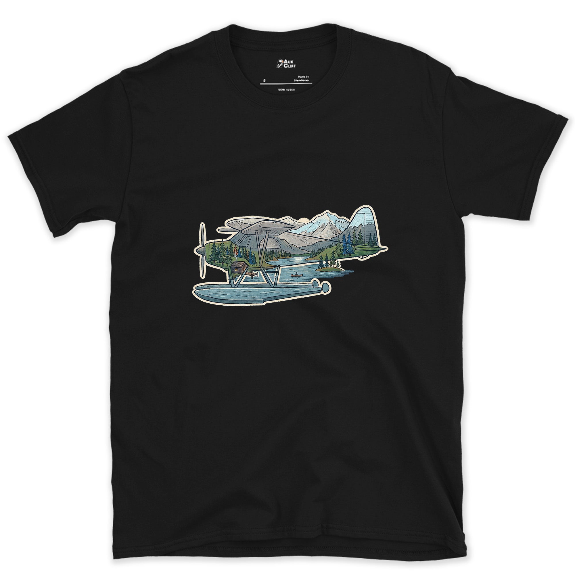 The Whole Flight, Folded Into a Float Plane design on a Black Gildan Softstyle t-shirt