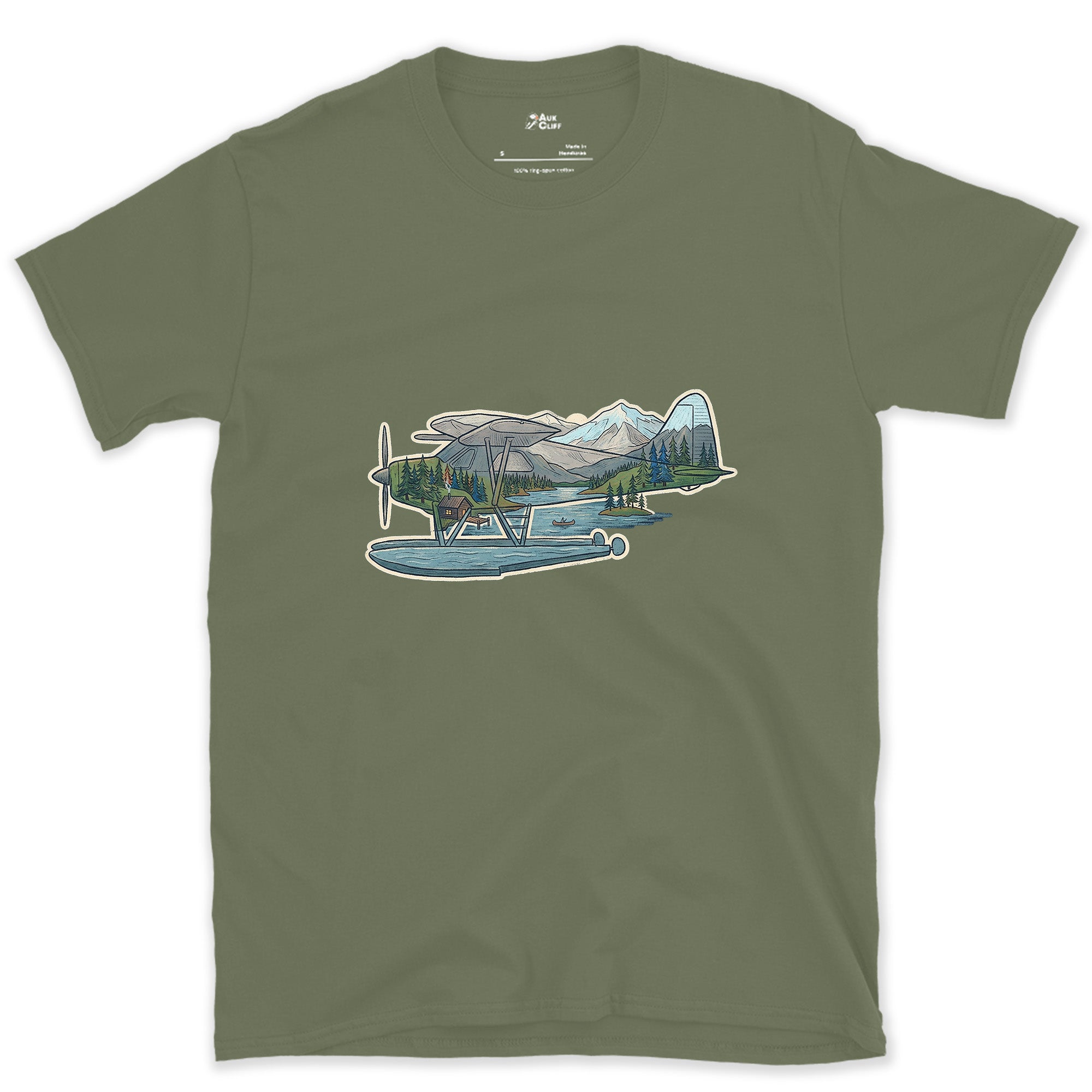 The Whole Flight, Folded Into a Float Plane design on a Military Green Gildan Softstyle t-shirt