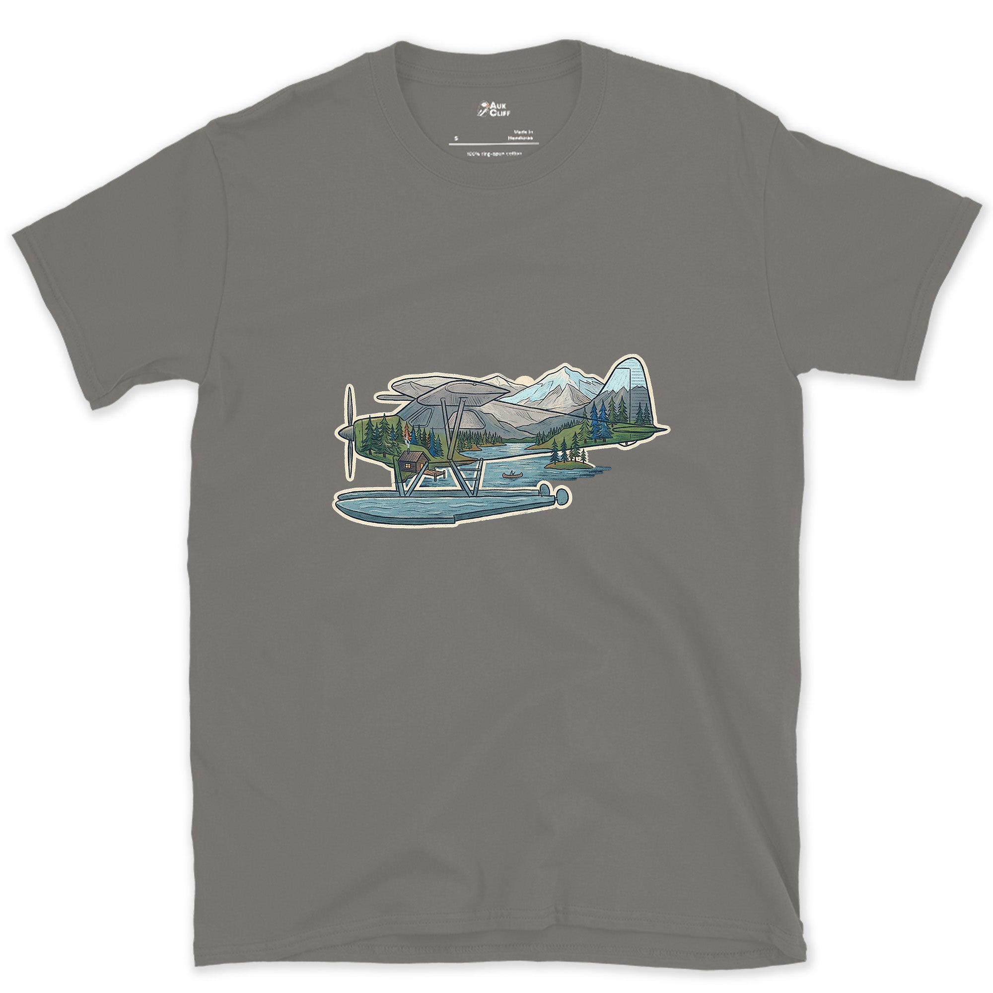 The Whole Flight, Folded Into a Float Plane design on a Charcoal Gildan Softstyle t-shirt