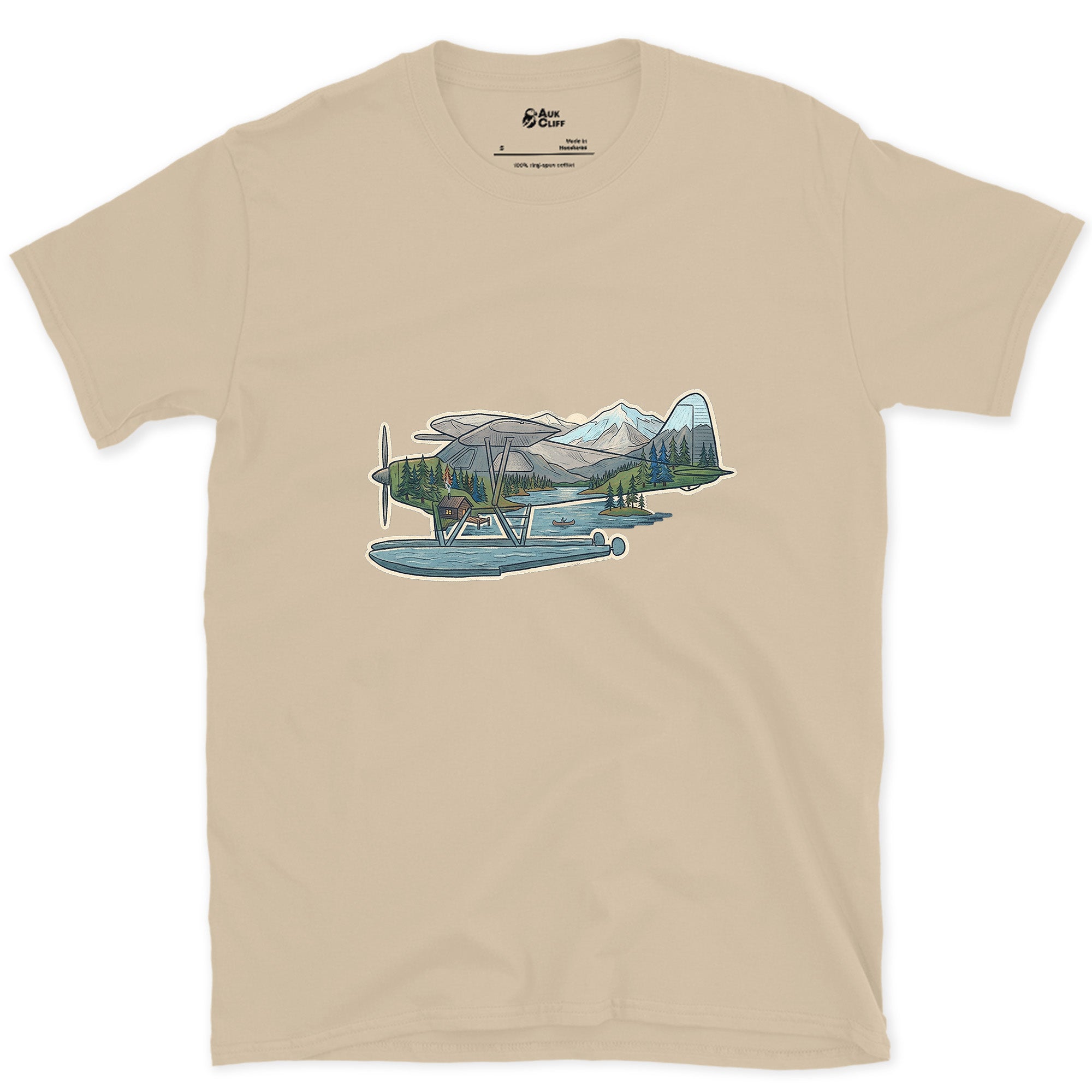 The Whole Flight, Folded Into a Float Plane design on a Sand Gildan Softstyle t-shirt