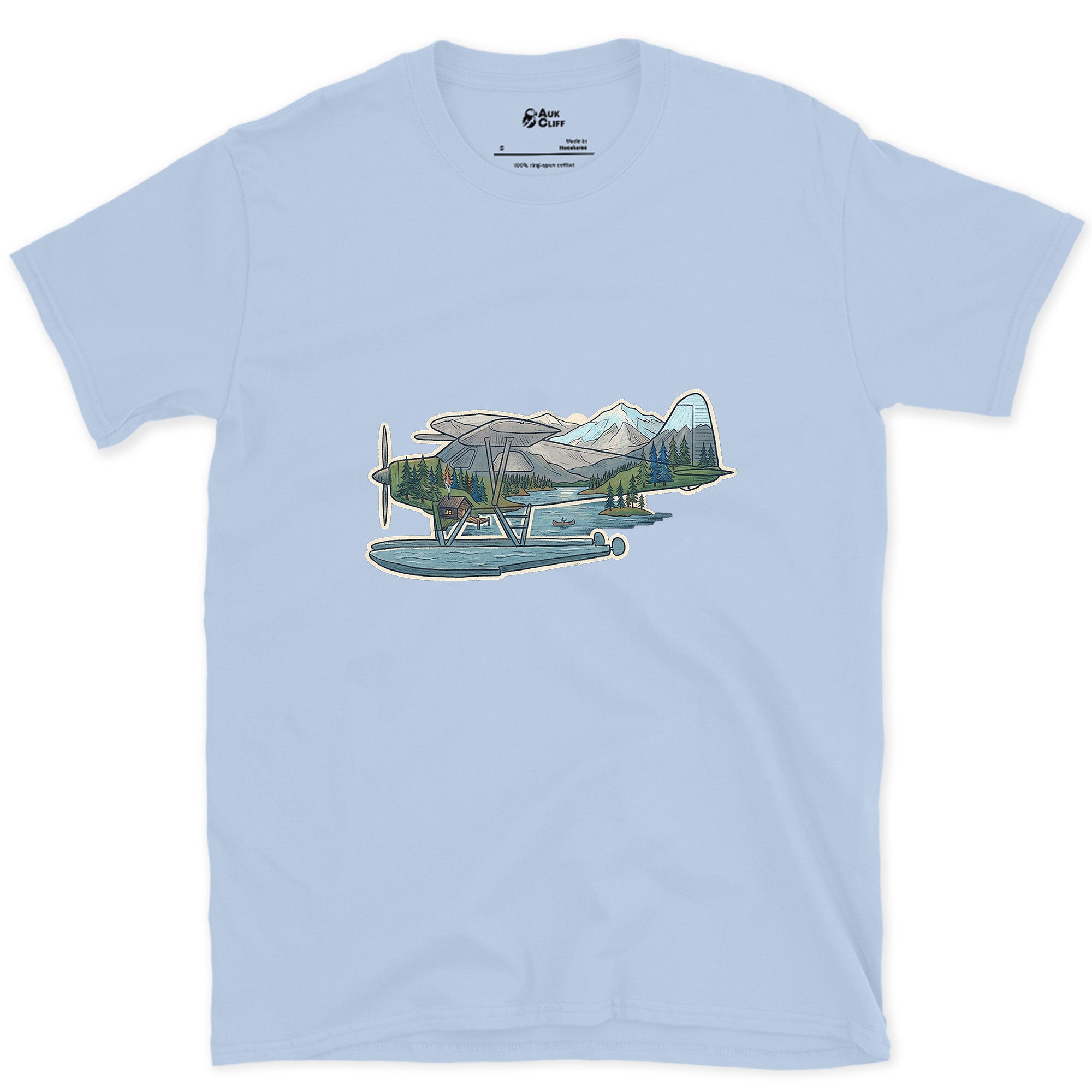 The Whole Flight, Folded Into a Float Plane design on a Light Blue Gildan Softstyle t-shirt