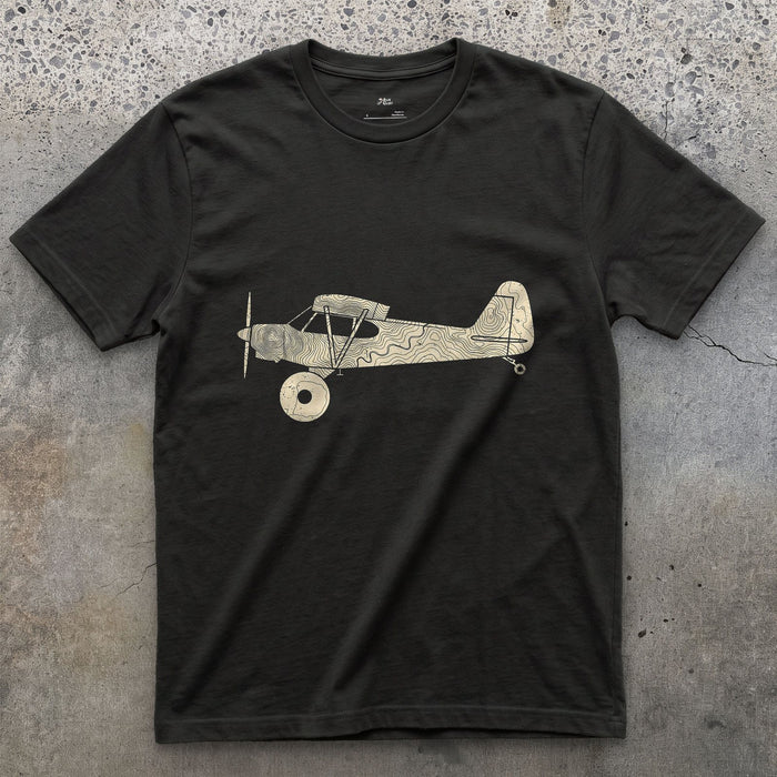 Bush Plane in Contours design on a Black Gildan Softstyle t-shirt