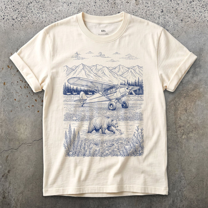 Bush Plane on the Gravel Bar design on a Natural Gildan Softstyle t-shirt