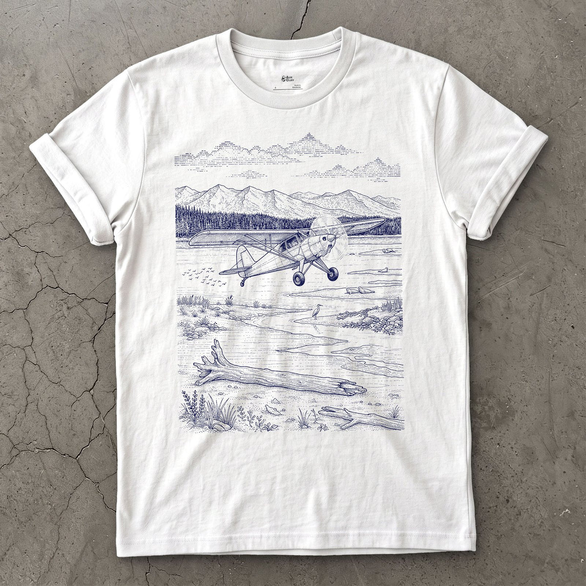 Bush Plane on the Tidal Flat design on a White Gildan Softstyle t-shirt