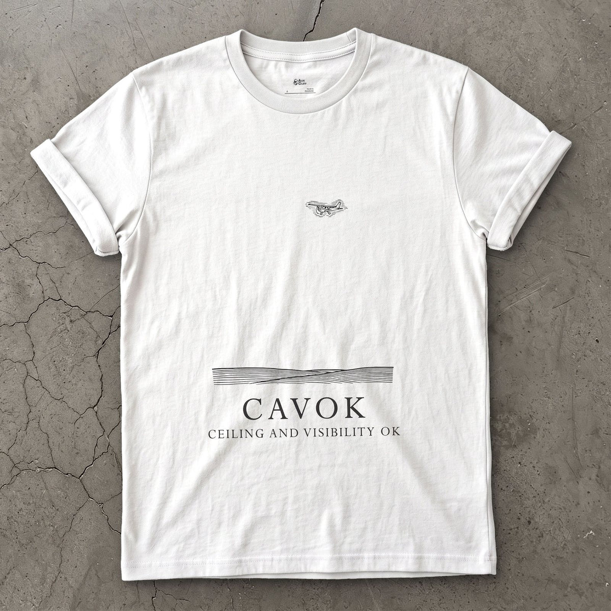 CAVOK, Ceiling and Visibility OK design on a White Gildan Softstyle t-shirt