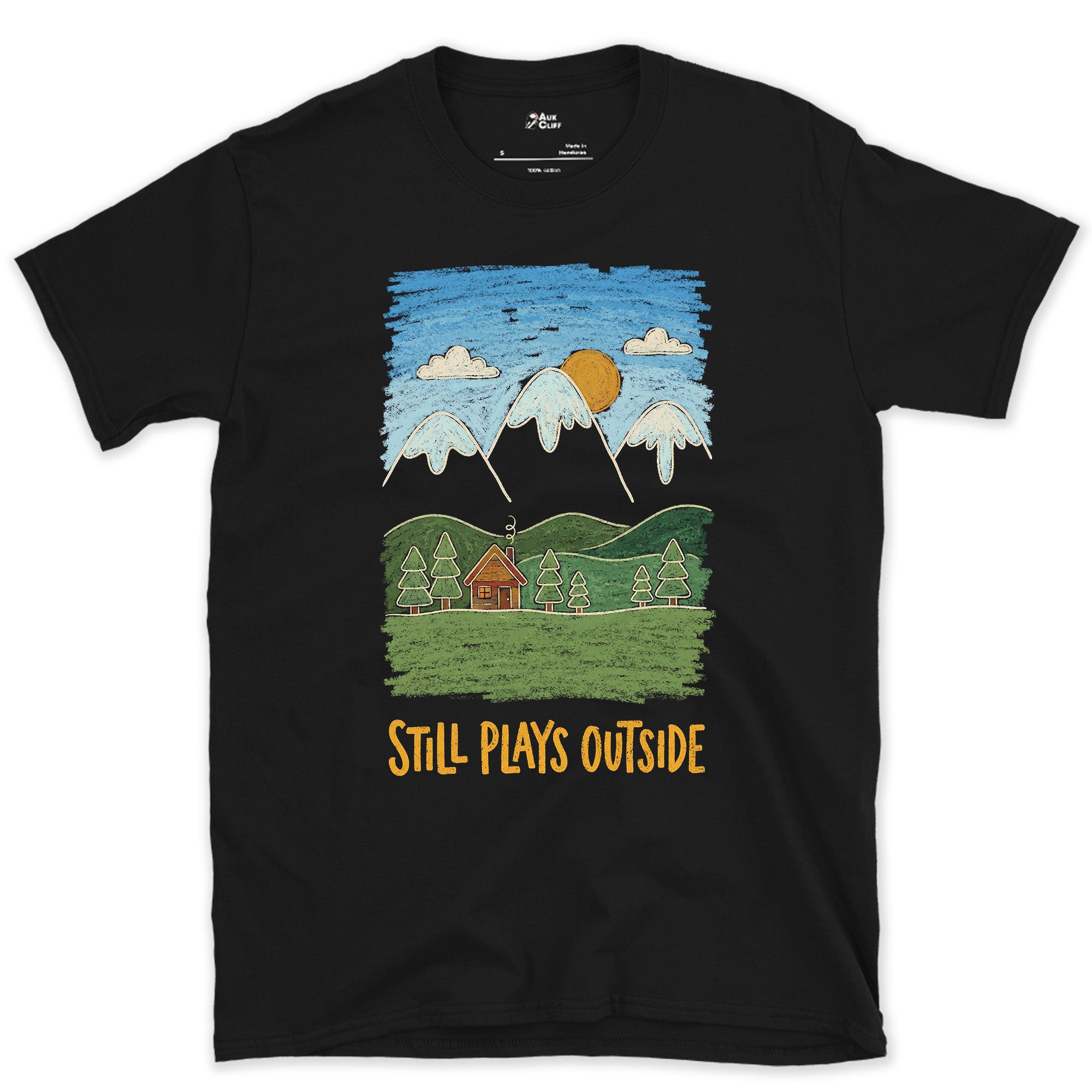 High Noon Over a Cabin in the Pines design on a Black Gildan Softstyle t-shirt