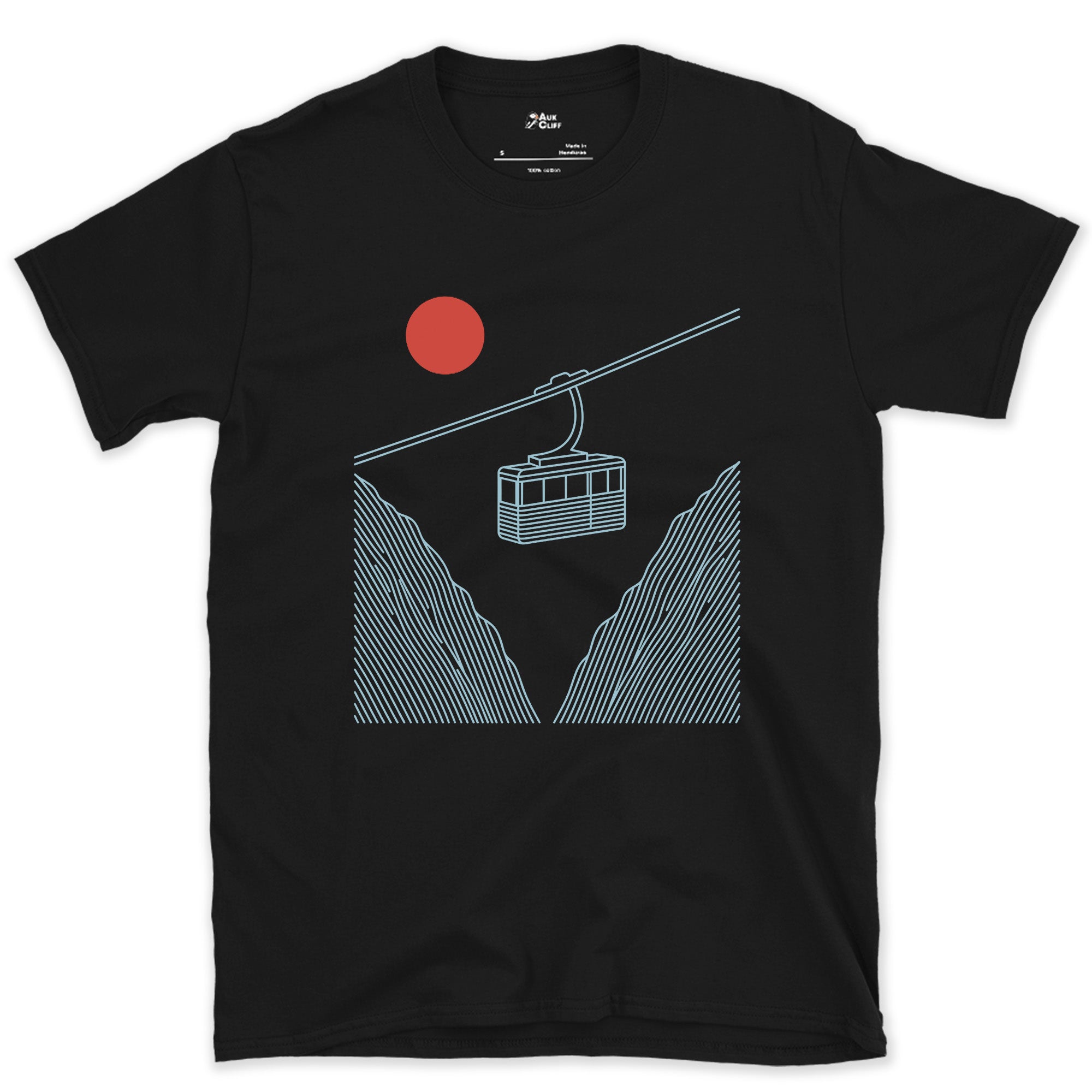 Red Sun Low Behind the Ridge, Cable Car design on a Black Gildan Softstyle t-shirt