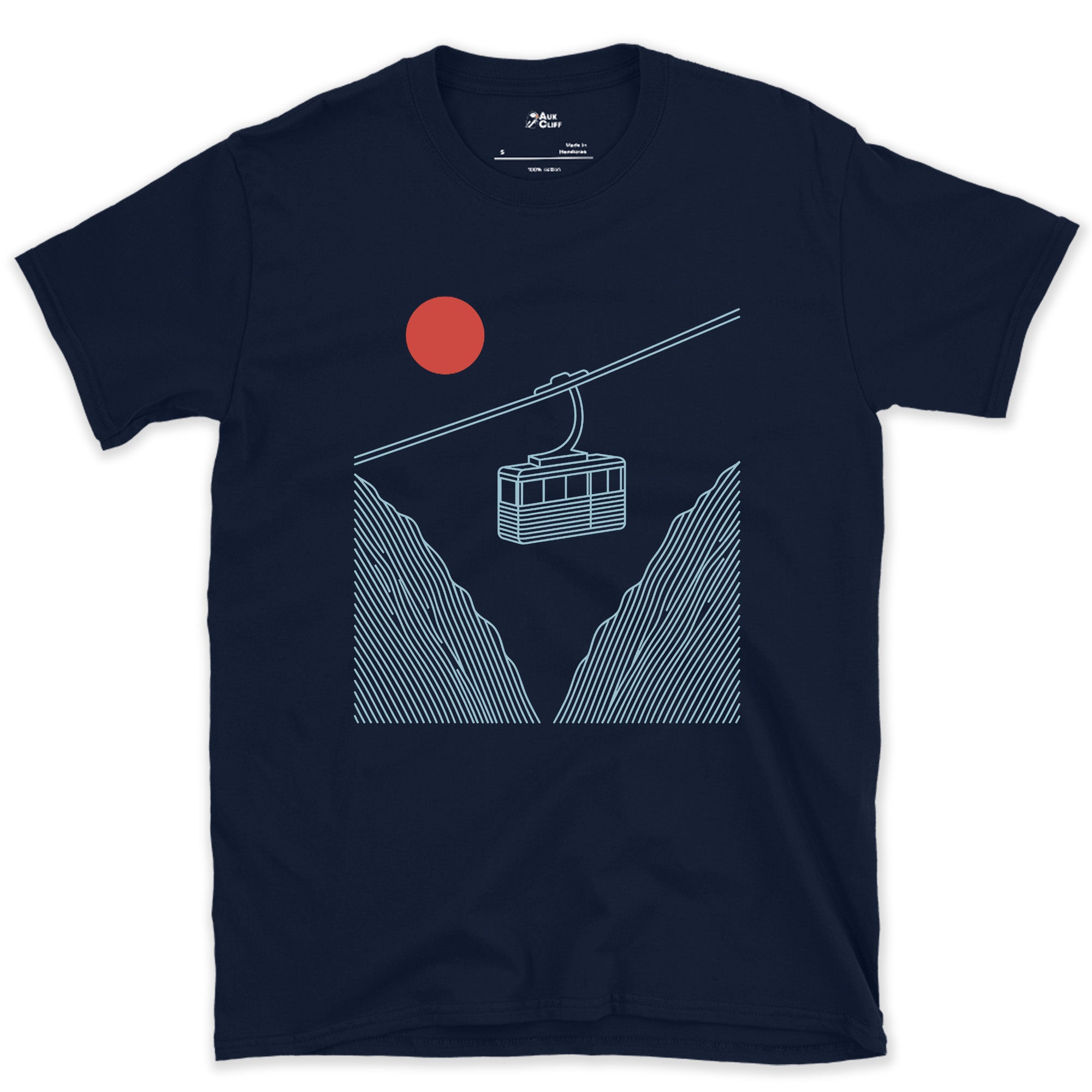 Red Sun Low Behind the Ridge, Cable Car design on a Navy Gildan Softstyle t-shirt