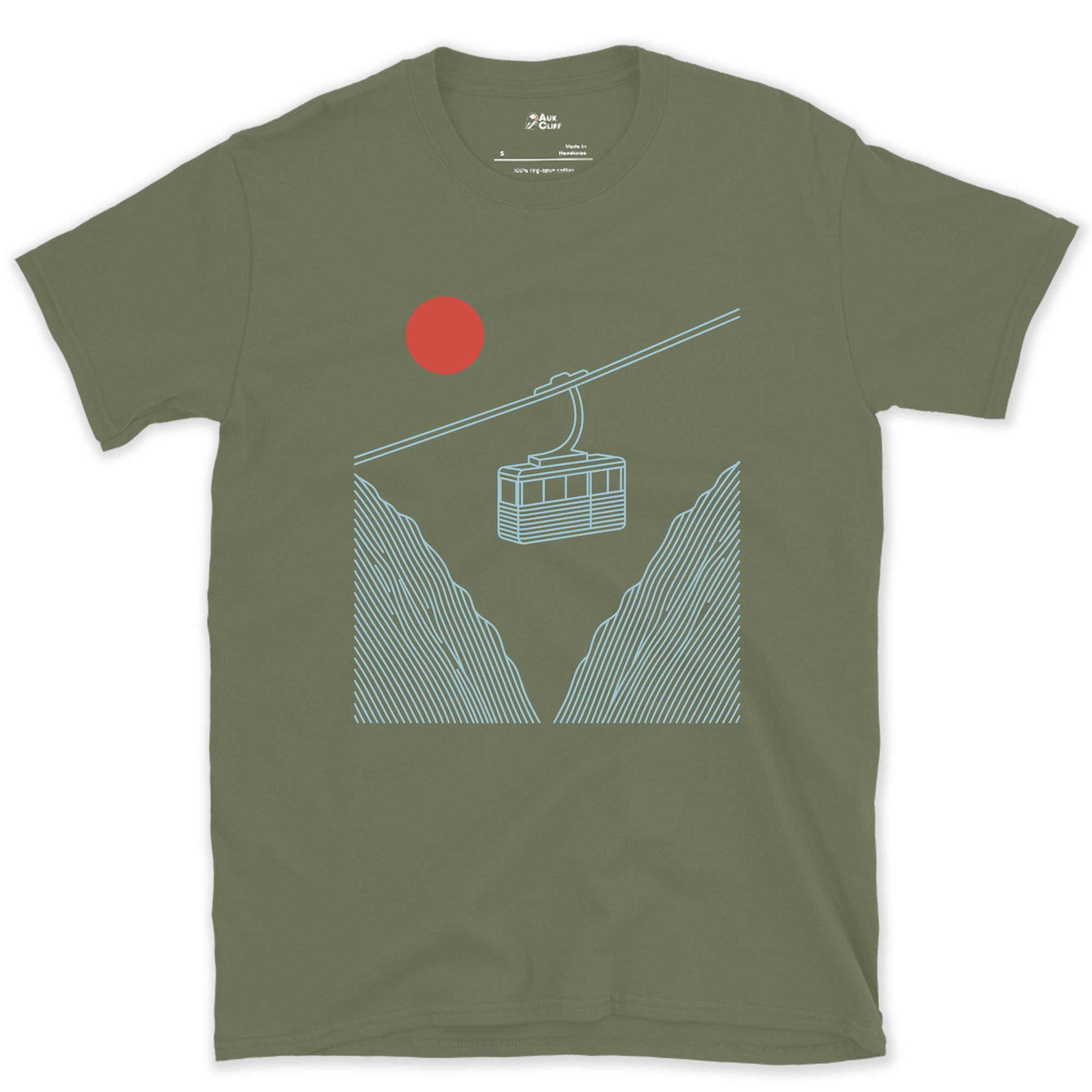 Red Sun Low Behind the Ridge, Cable Car design on a Military Green Gildan Softstyle t-shirt