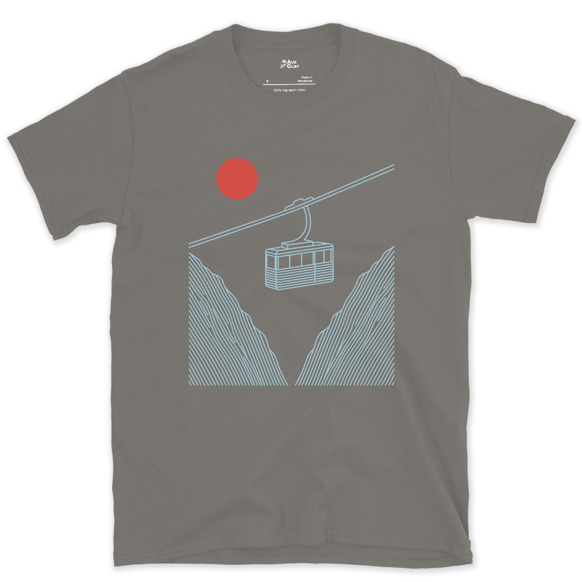 Red Sun Low Behind the Ridge, Cable Car design on a Charcoal Gildan Softstyle t-shirt