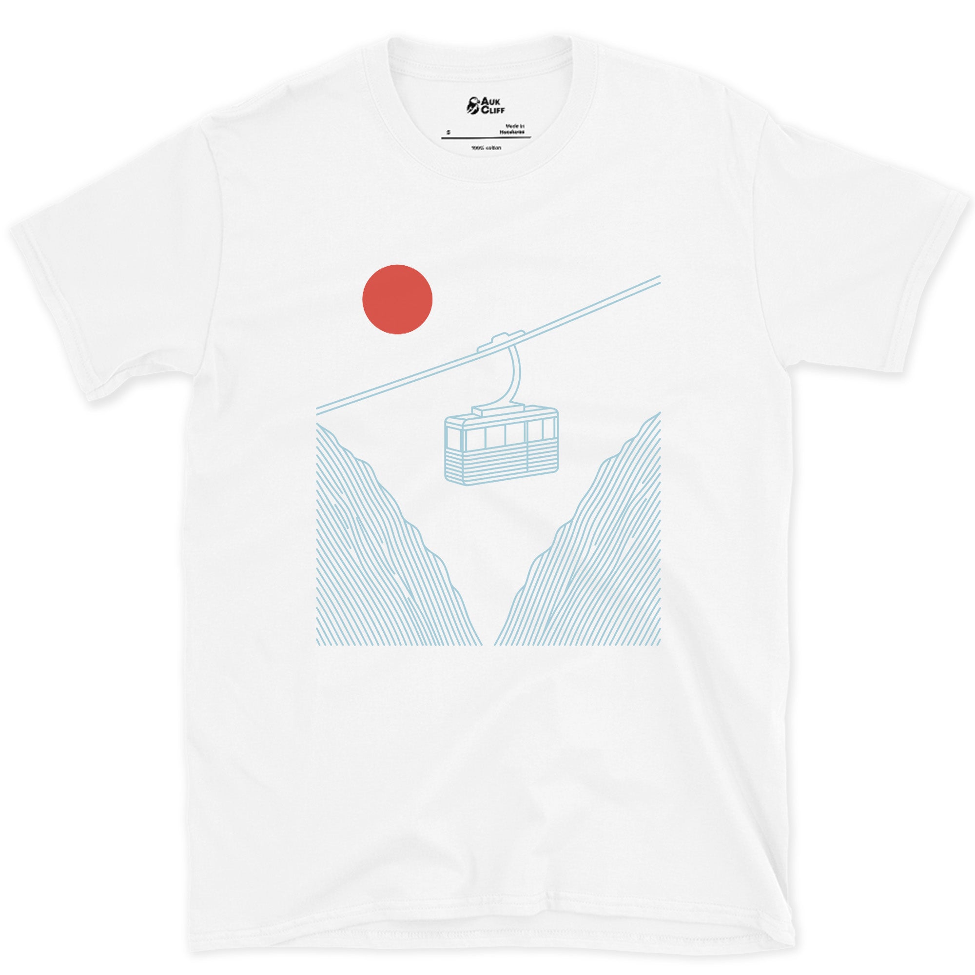 Red Sun Low Behind the Ridge, Cable Car design on a White Gildan Softstyle t-shirt