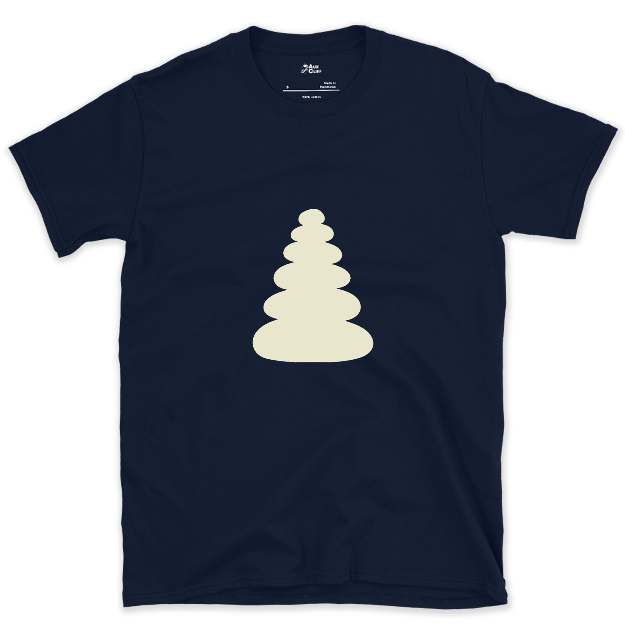 Small and Reliable, Summit Cairn Stack design on a Navy Gildan Softstyle t-shirt