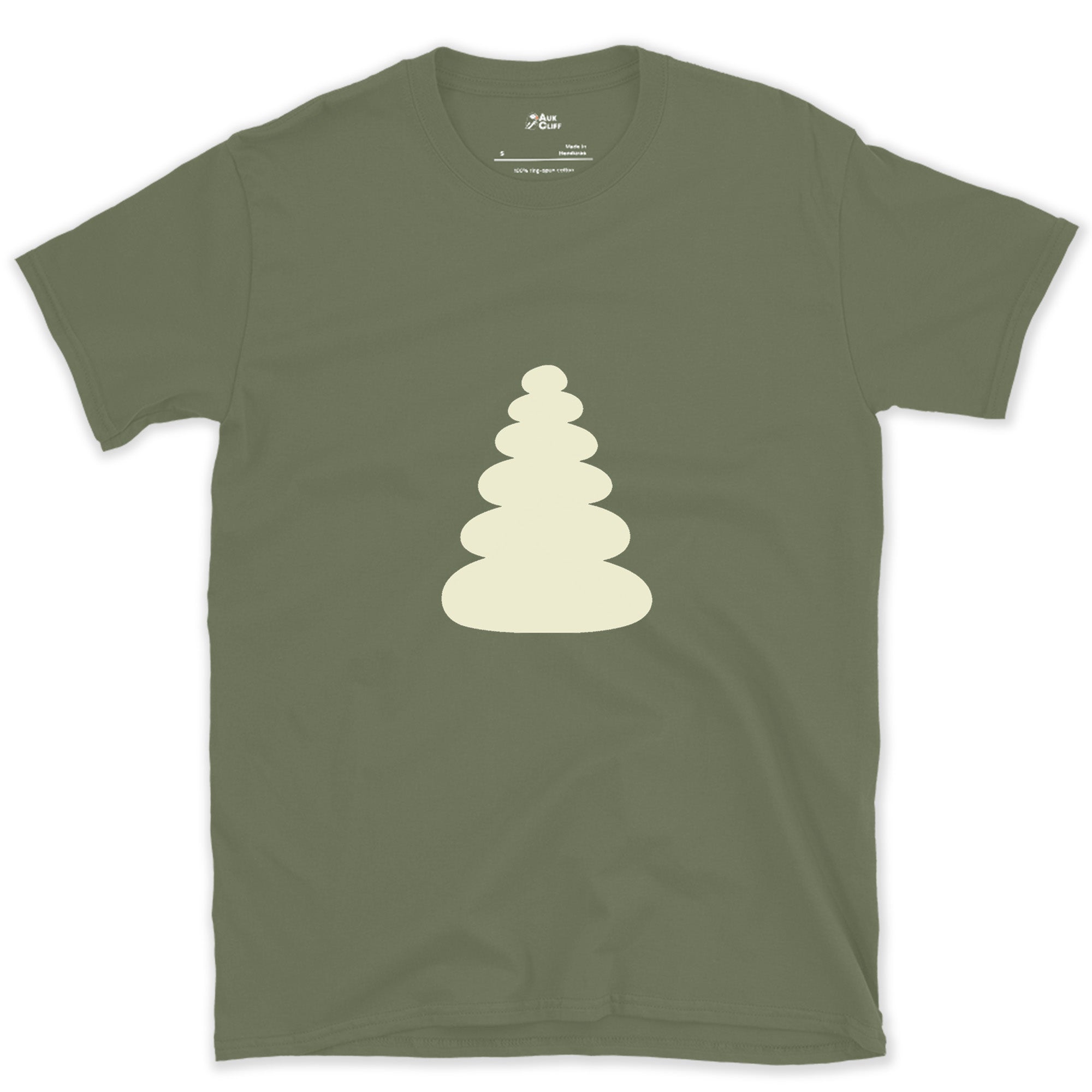 Small and Reliable, Summit Cairn Stack design on a Military Green Gildan Softstyle t-shirt