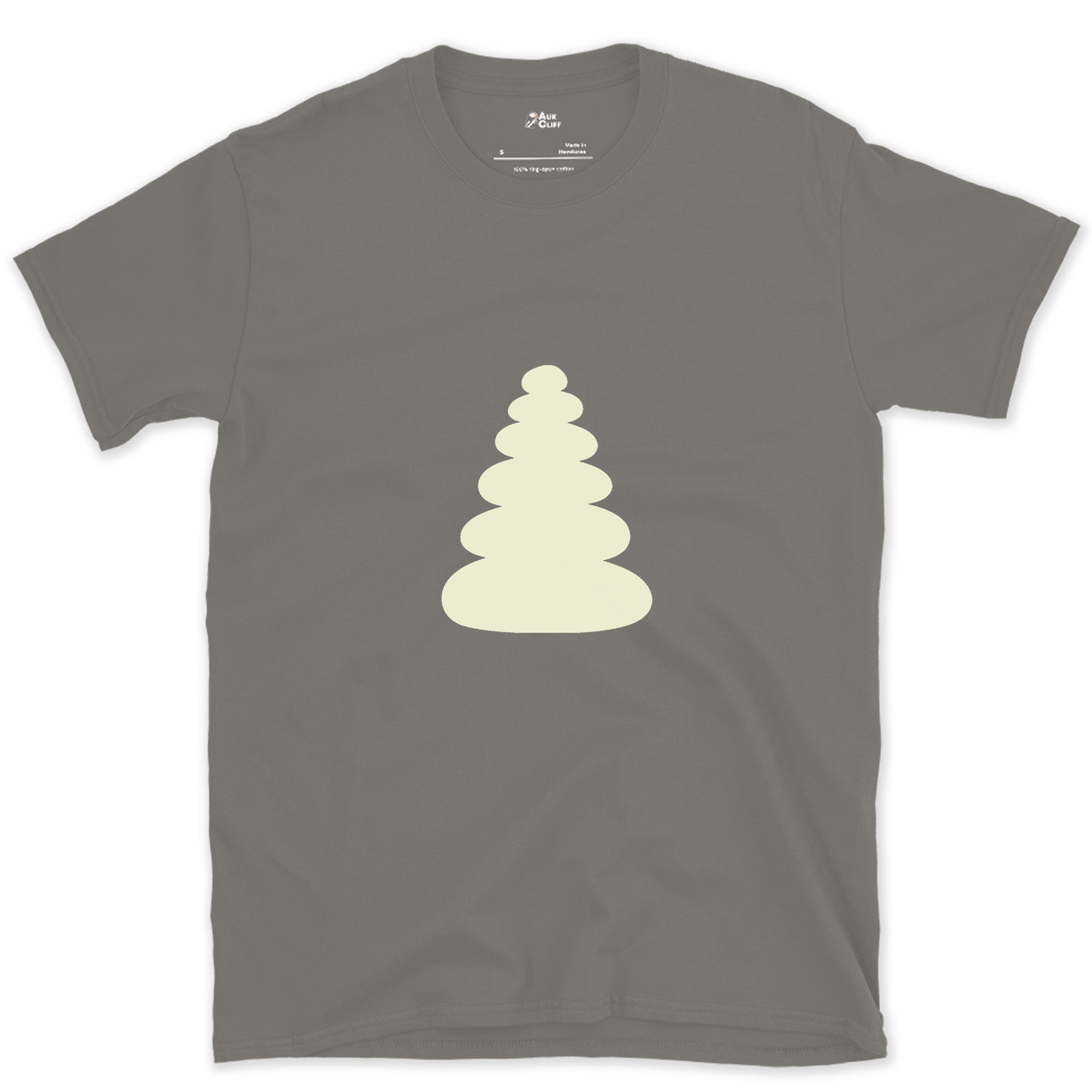 Small and Reliable, Summit Cairn Stack design on a Charcoal Gildan Softstyle t-shirt