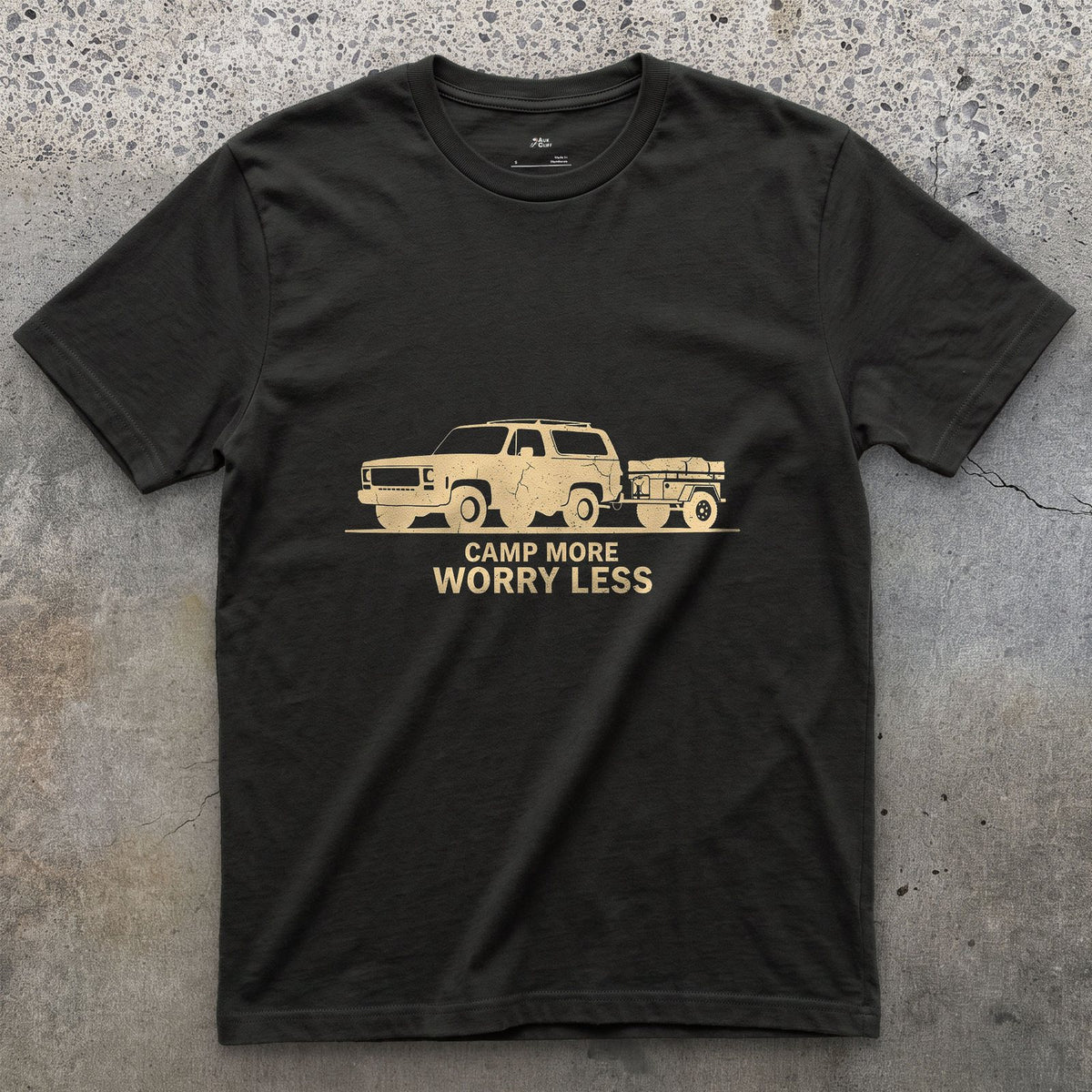 Camp More Worry Less Towing the Cream Trailer design on a Black Gildan Softstyle t-shirt