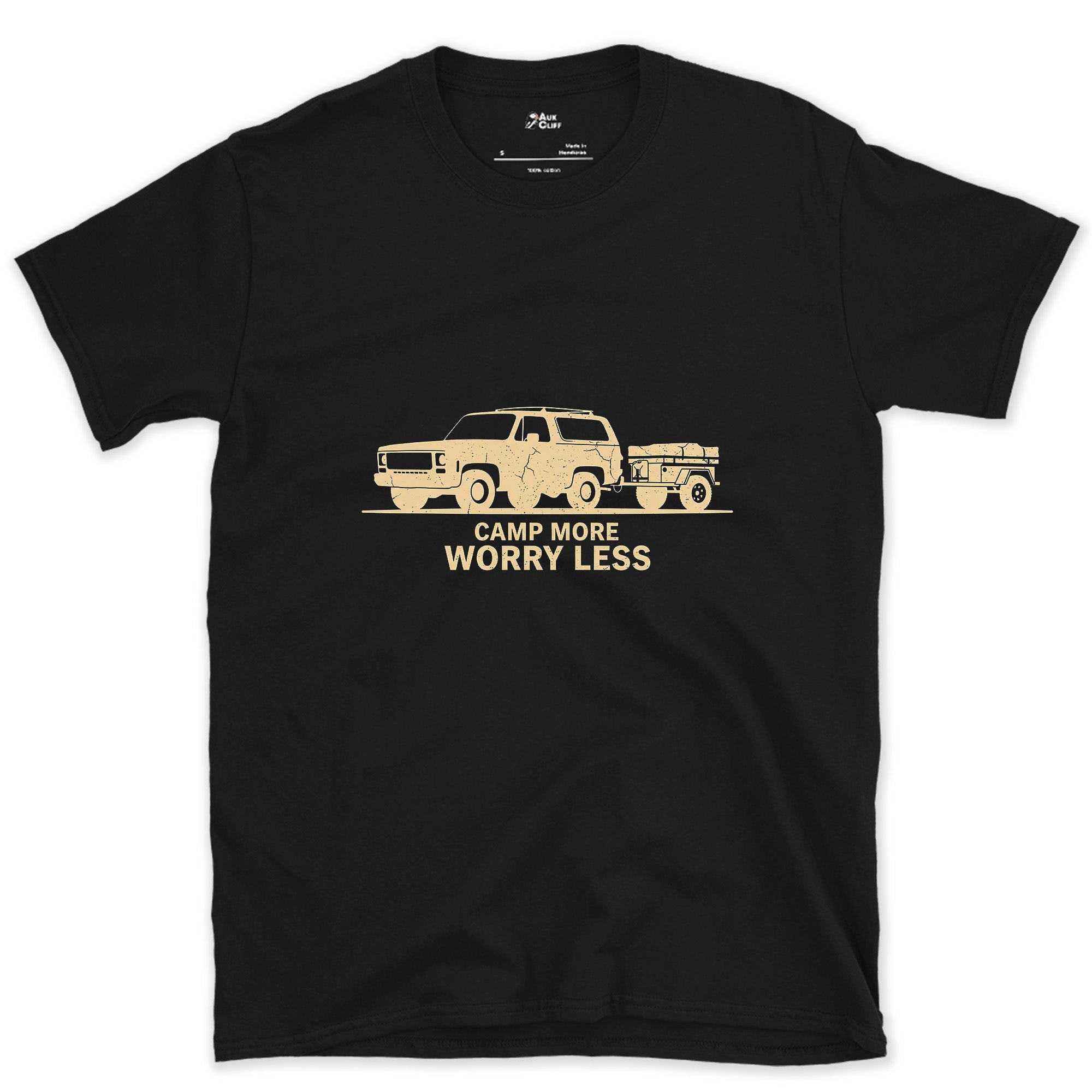 Camp More Worry Less Towing the Cream Trailer design on a Black Gildan Softstyle t-shirt