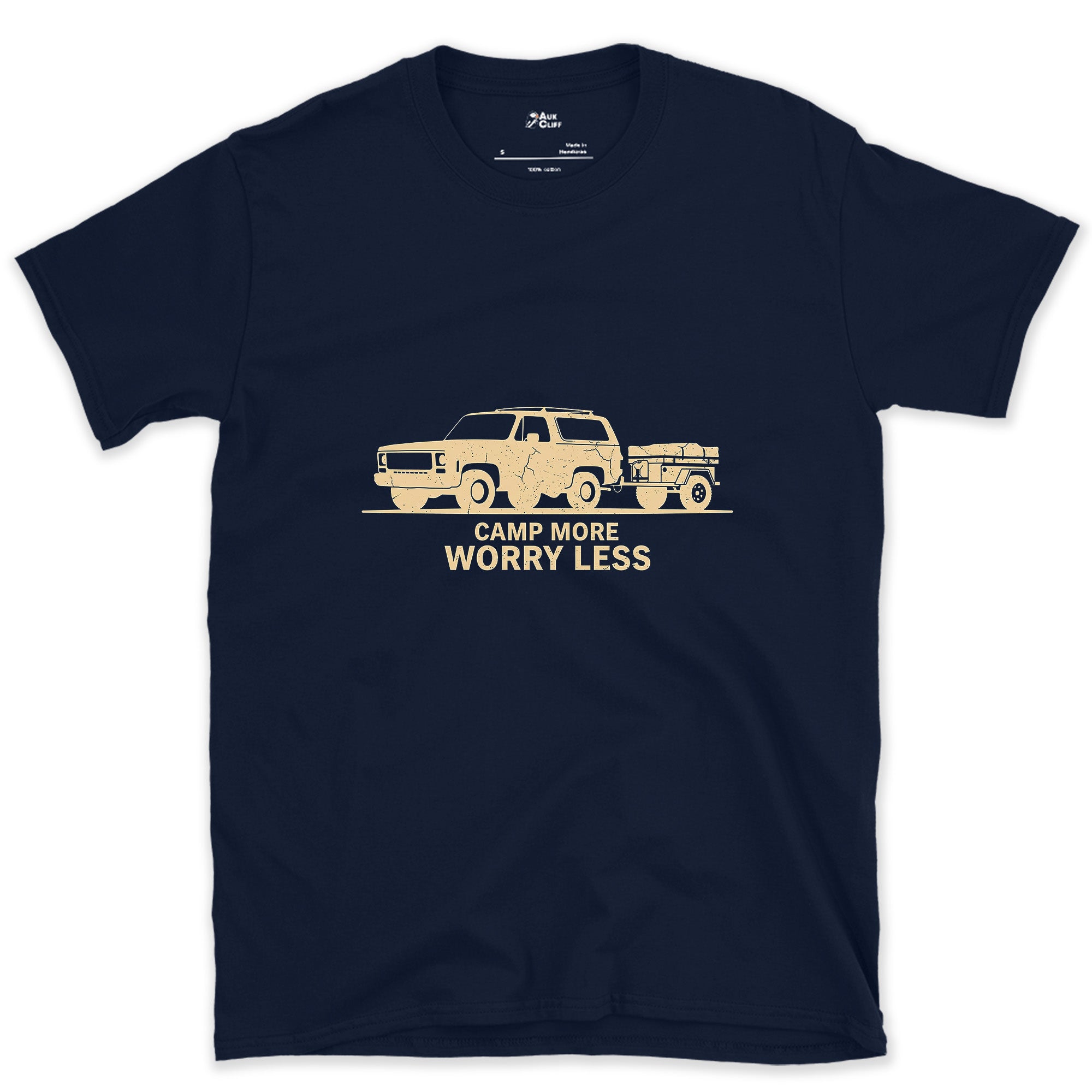 Camp More Worry Less Towing the Cream Trailer design on a Navy Gildan Softstyle t-shirt