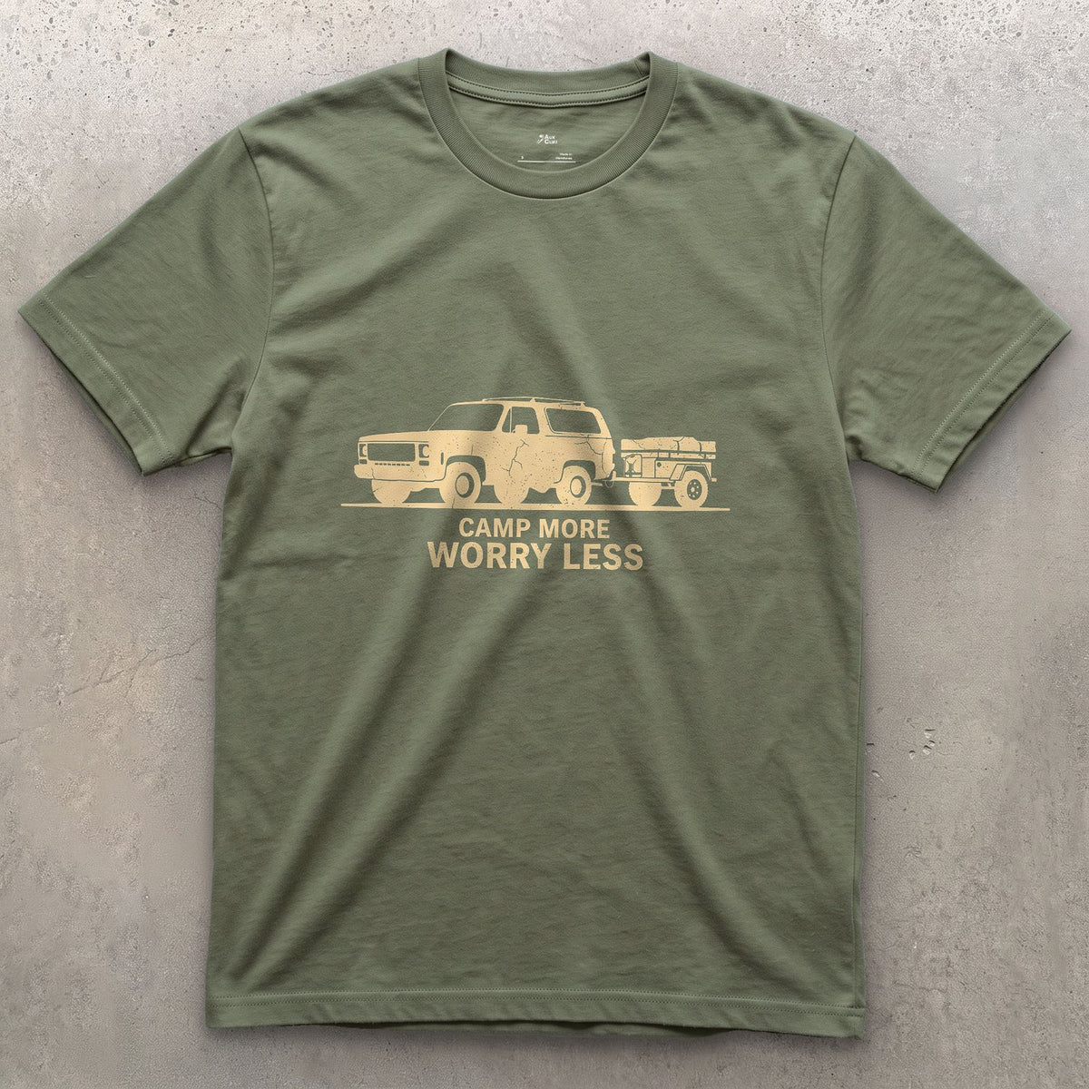 Camp More Worry Less Towing the Cream Trailer design on a Military Green Gildan Softstyle t-shirt