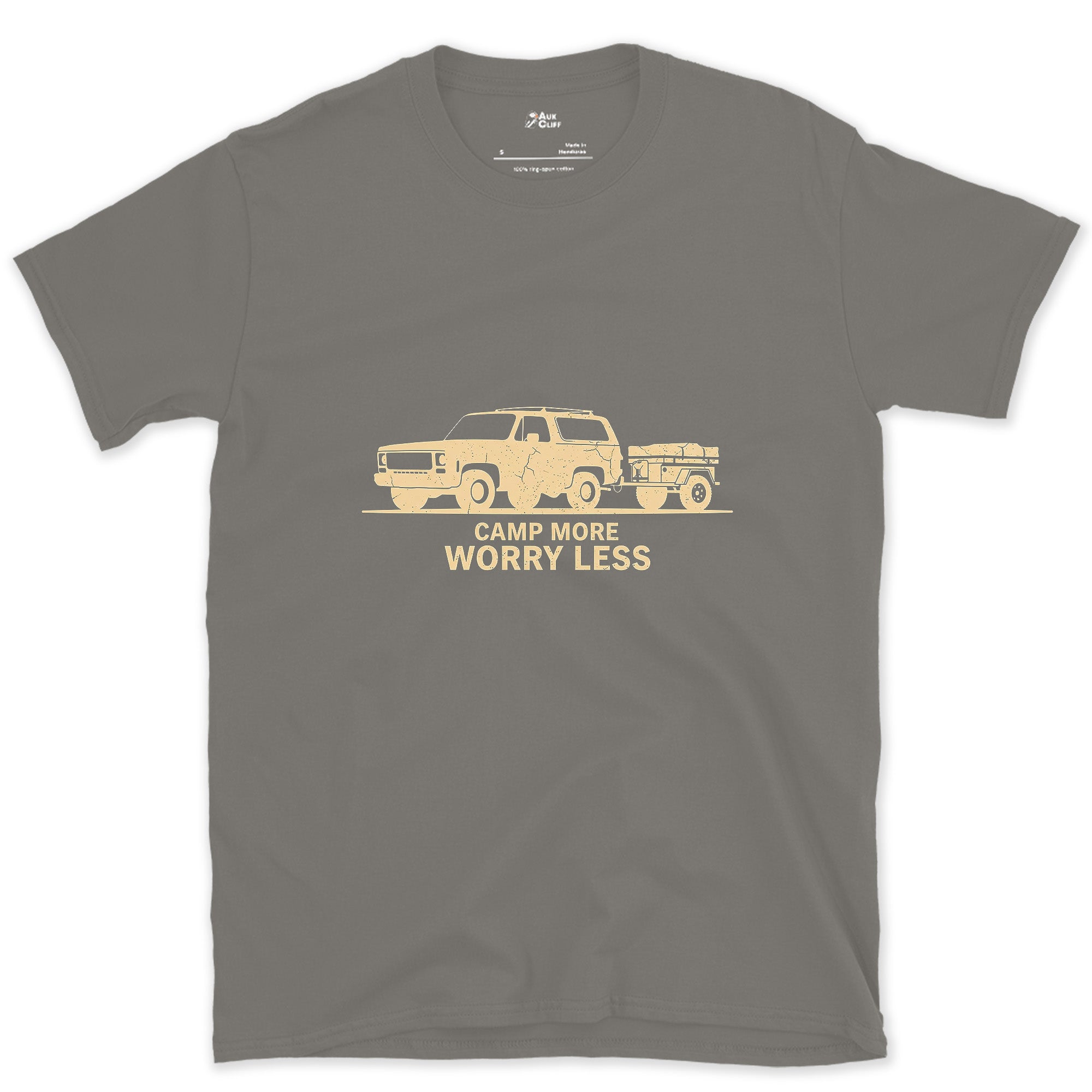 Camp More Worry Less Towing the Cream Trailer design on a Charcoal Gildan Softstyle t-shirt