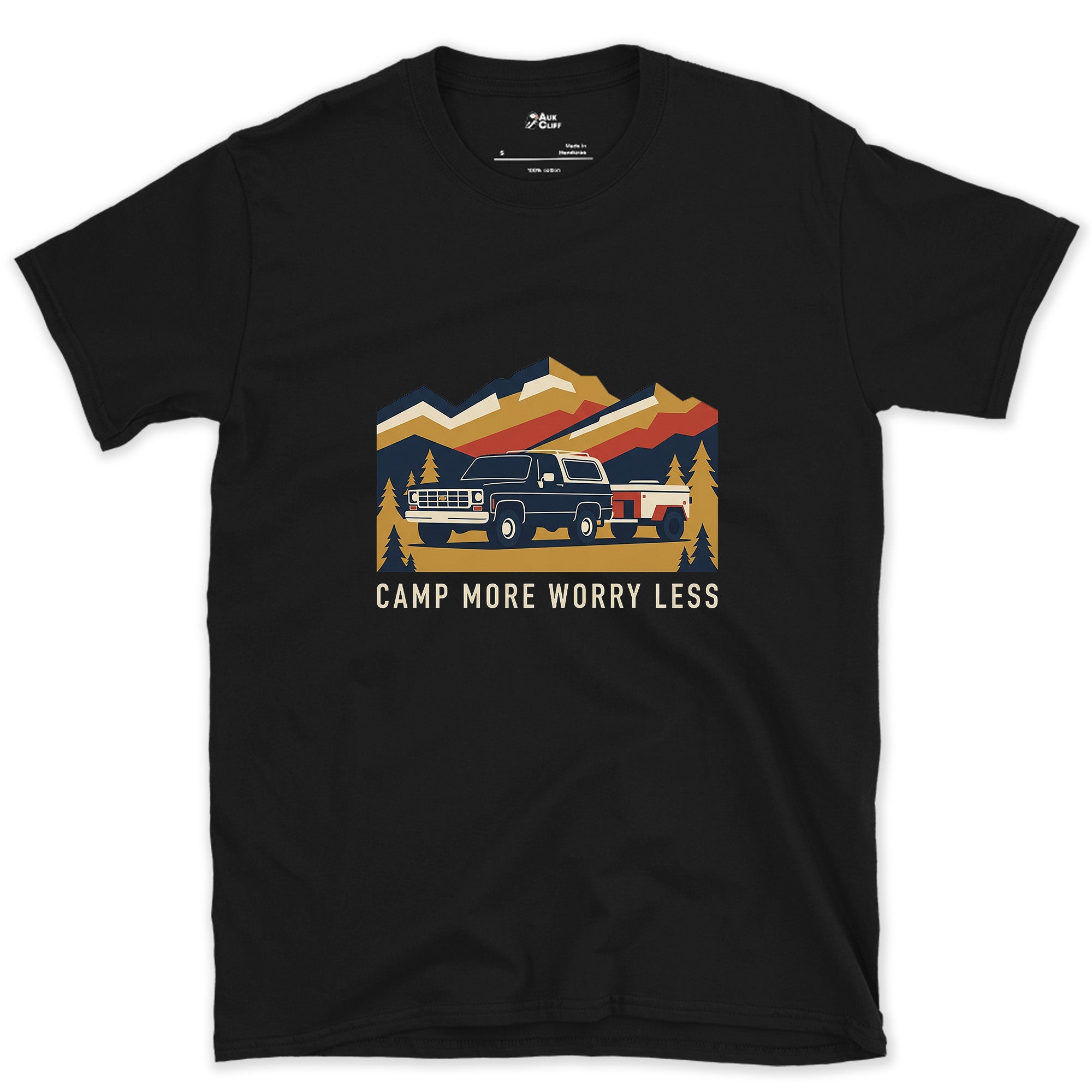 Camp More Worry Less Towing a Teardrop design on a Black Gildan Softstyle t-shirt