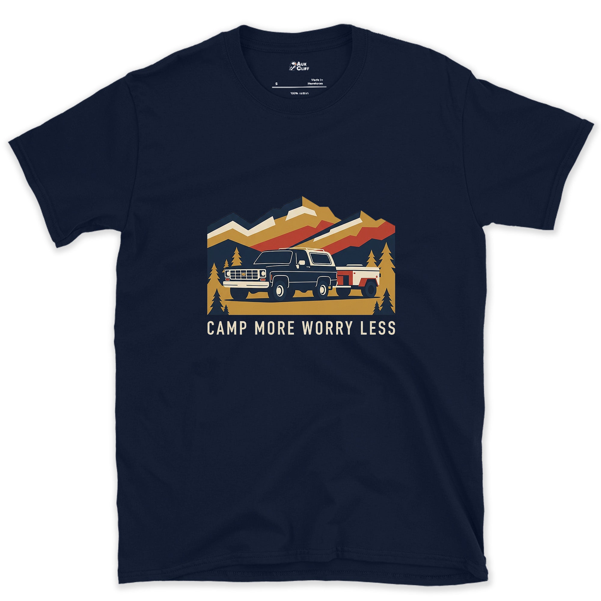 Camp More Worry Less Towing a Teardrop design on a Navy Gildan Softstyle t-shirt