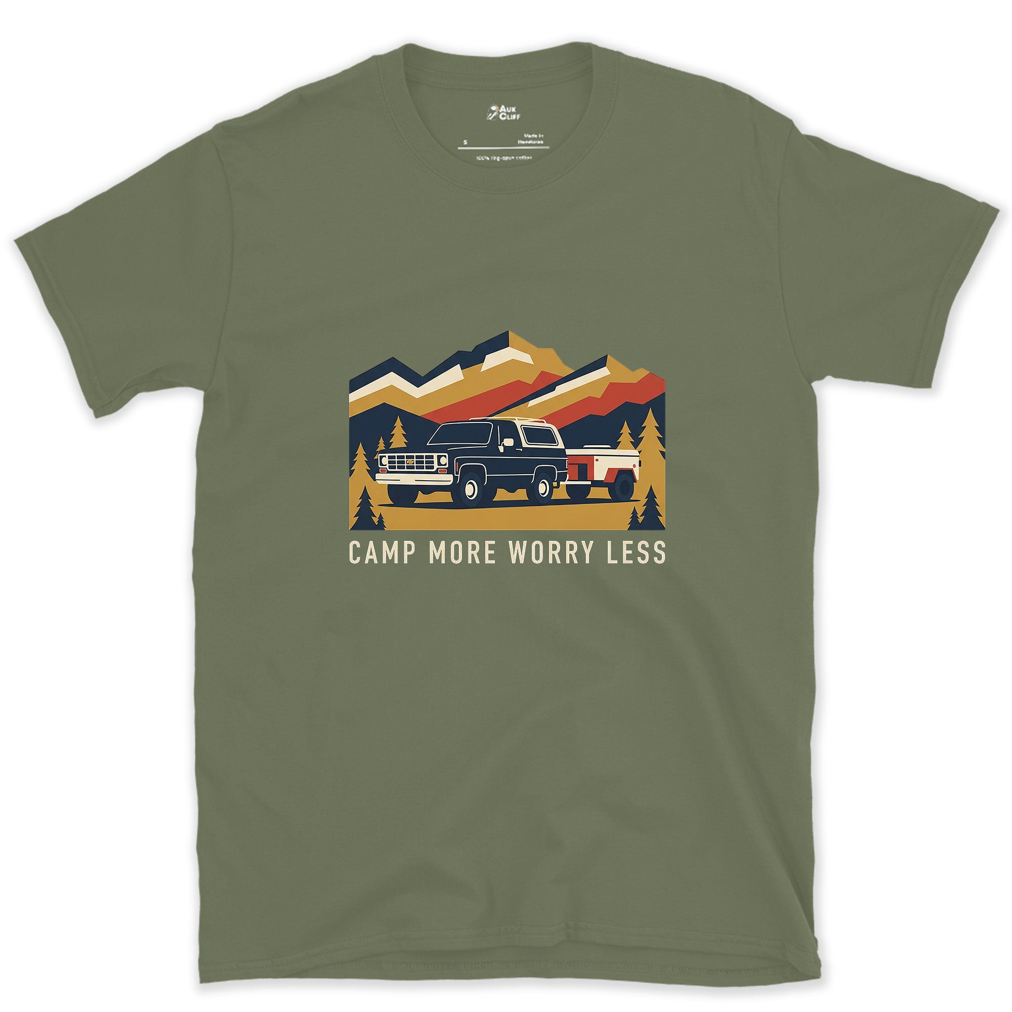 Camp More Worry Less Towing a Teardrop design on a Military Green Gildan Softstyle t-shirt