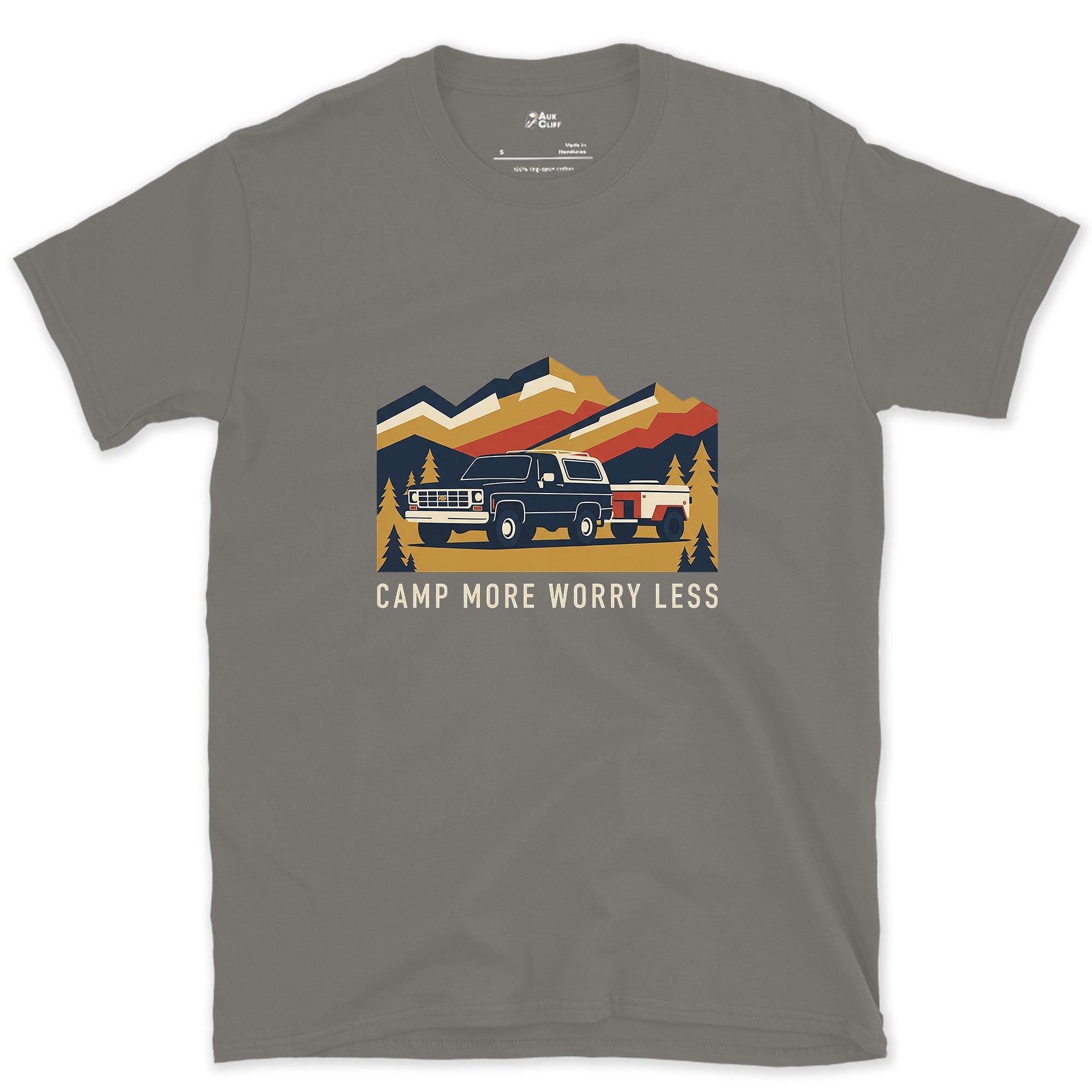 Camp More Worry Less Towing a Teardrop design on a Charcoal Gildan Softstyle t-shirt