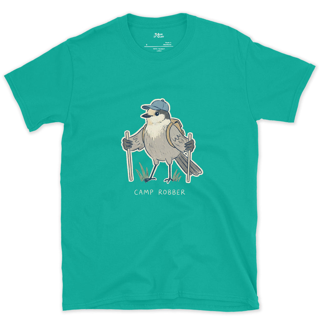 Camp Robber, Gray Jay Hiker design on a Jade Dome Gildan Softstyle t-shirt