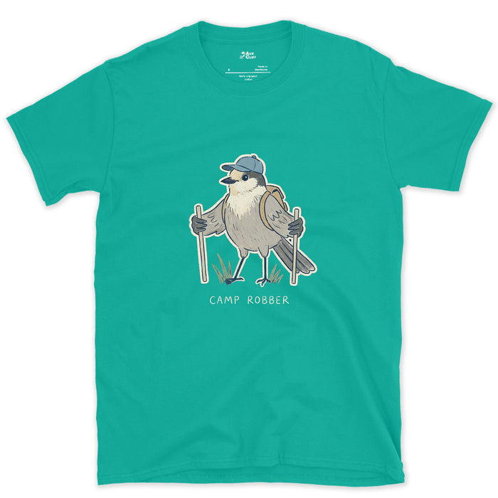 Camp Robber, Gray Jay Hiker design on a Jade Dome Gildan Softstyle t-shirt