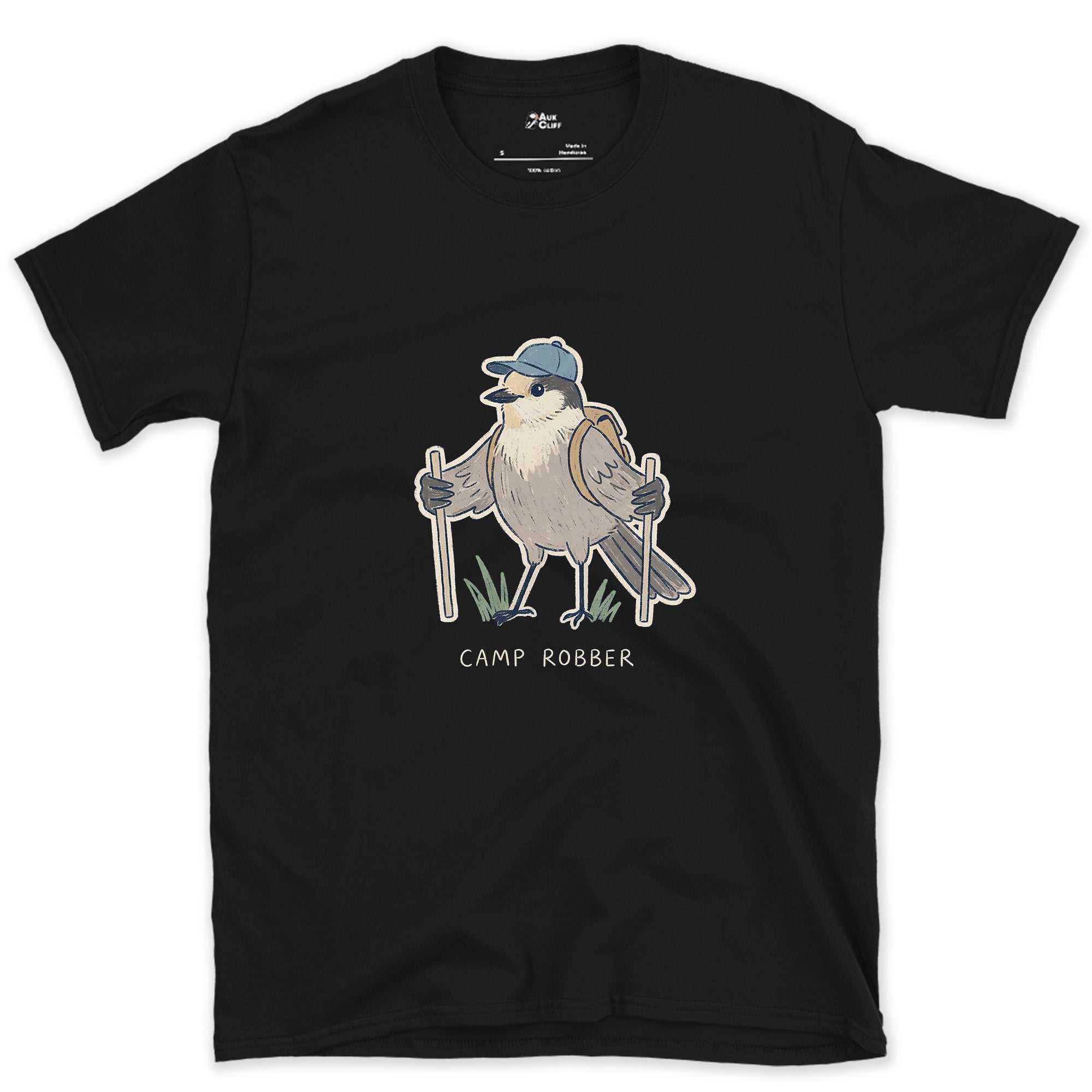 Camp Robber, Gray Jay Hiker design on a Black Gildan Softstyle t-shirt