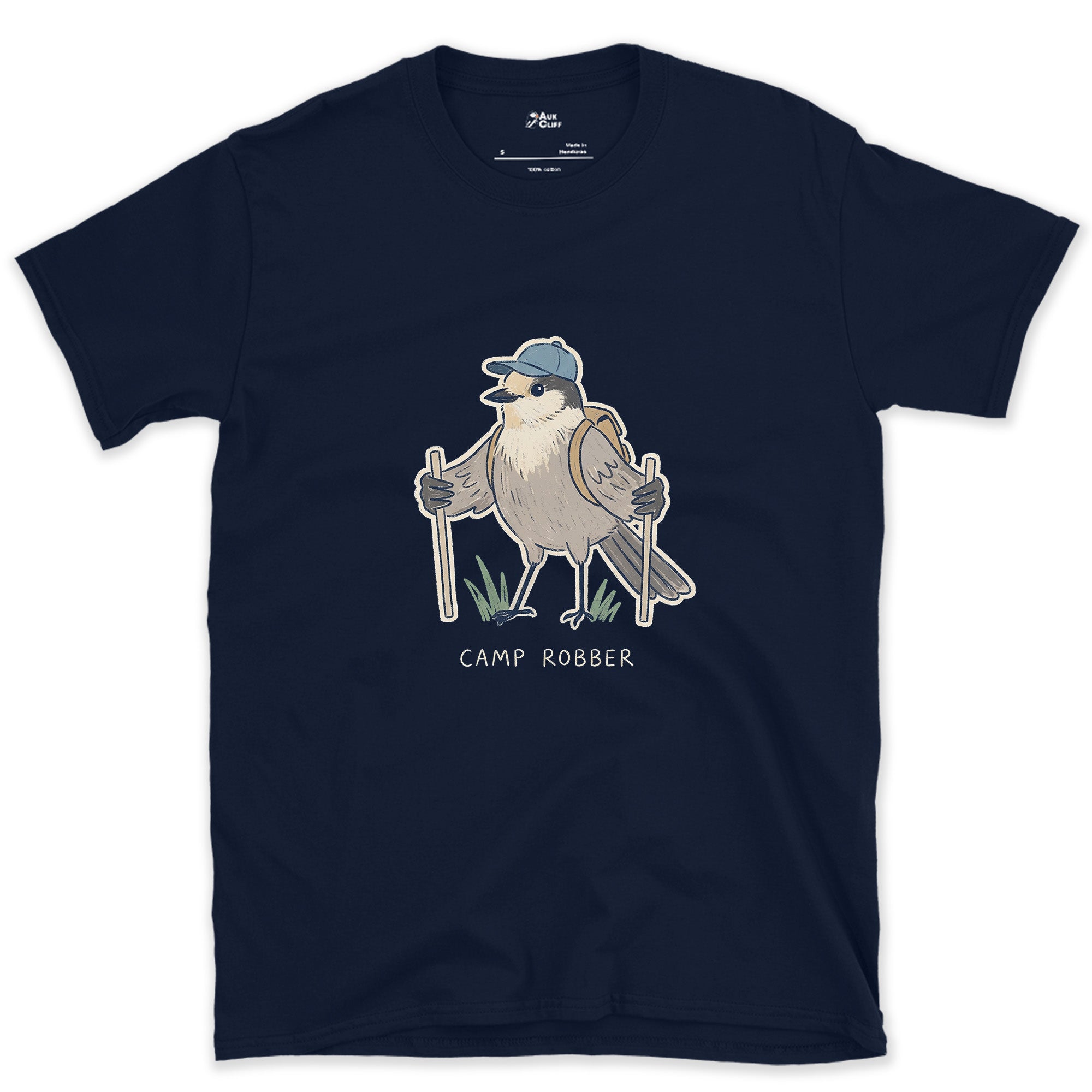 Camp Robber, Gray Jay Hiker design on a Navy Gildan Softstyle t-shirt