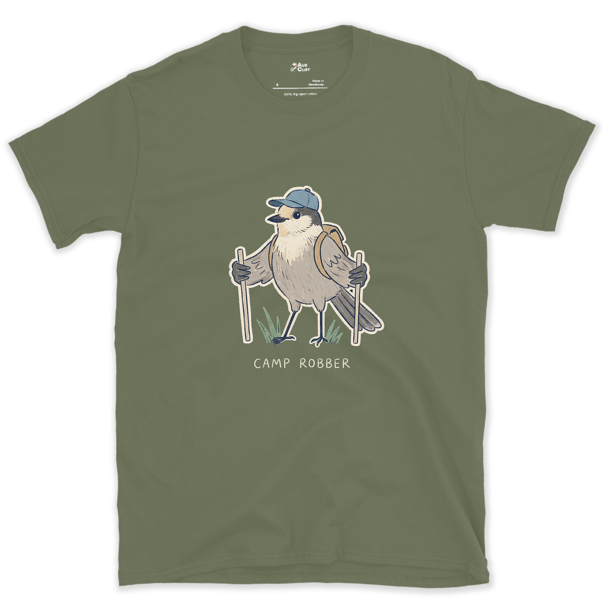 Camp Robber, Gray Jay Hiker design on a Military Green Gildan Softstyle t-shirt