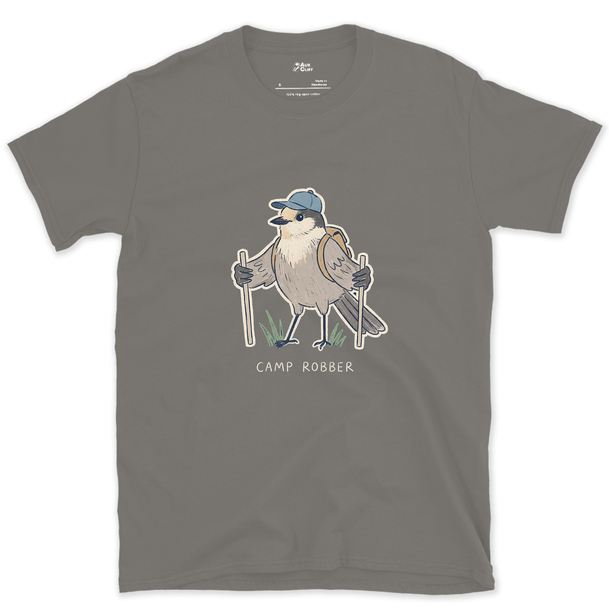 Camp Robber, Gray Jay Hiker design on a Charcoal Gildan Softstyle t-shirt