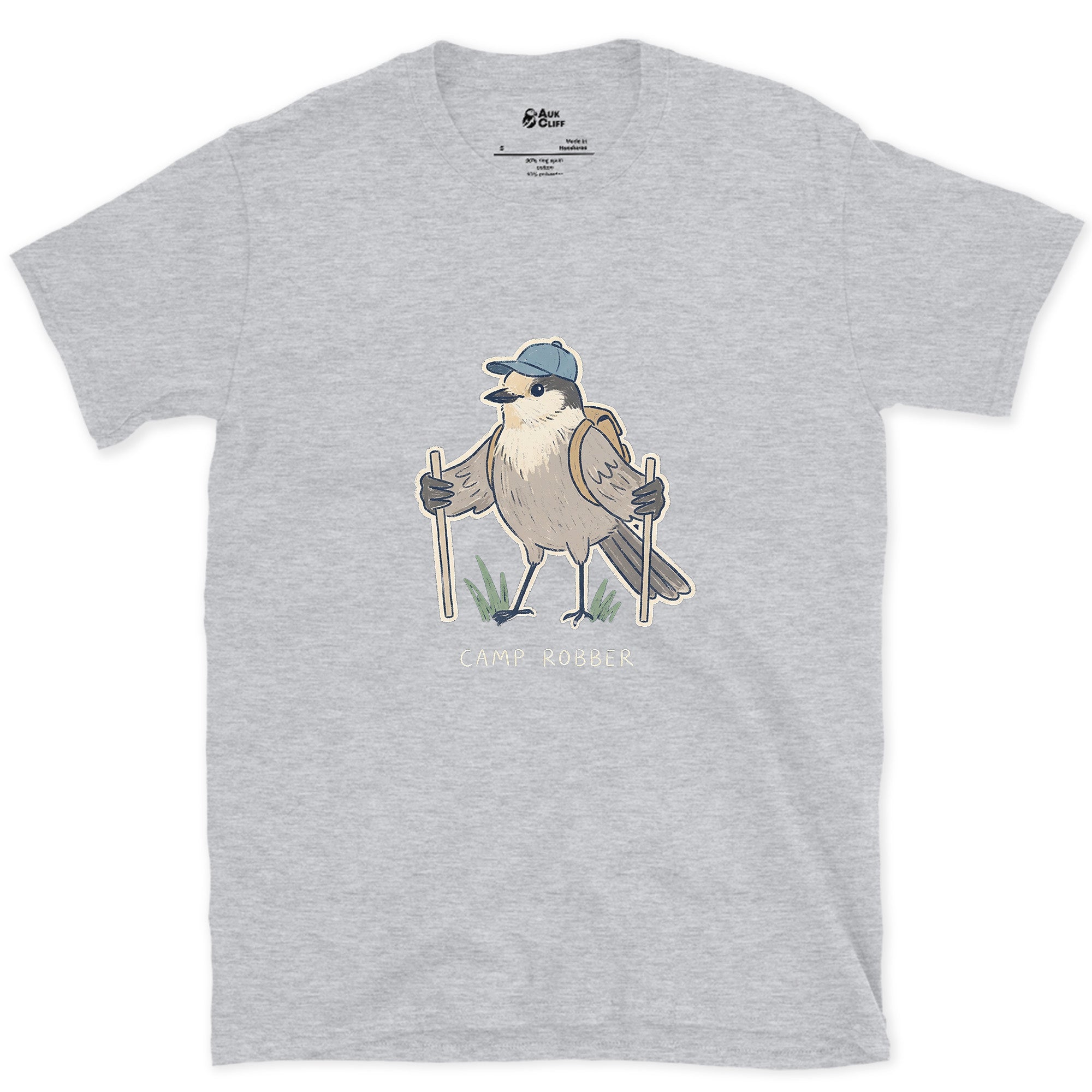 Camp Robber, Gray Jay Hiker design on a Sport Grey Gildan Softstyle t-shirt