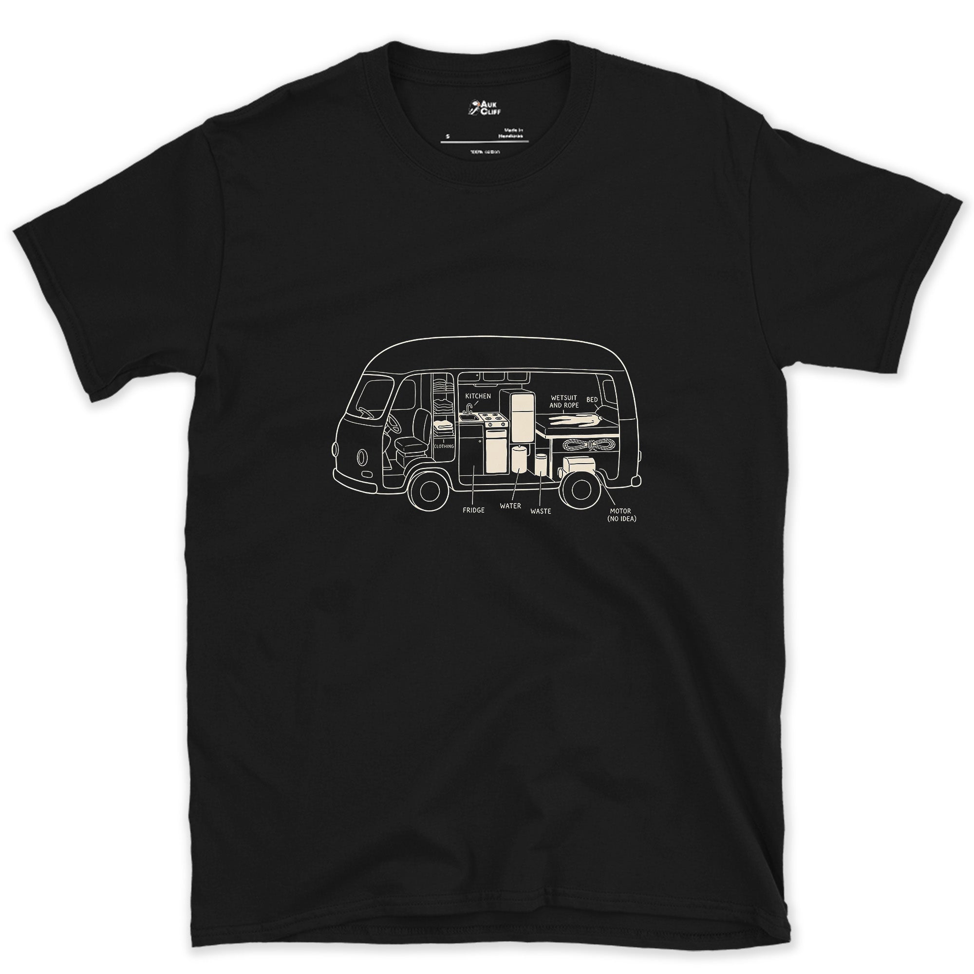 Van Build Cut Away, Tanks and All design on a Black Gildan Softstyle t-shirt
