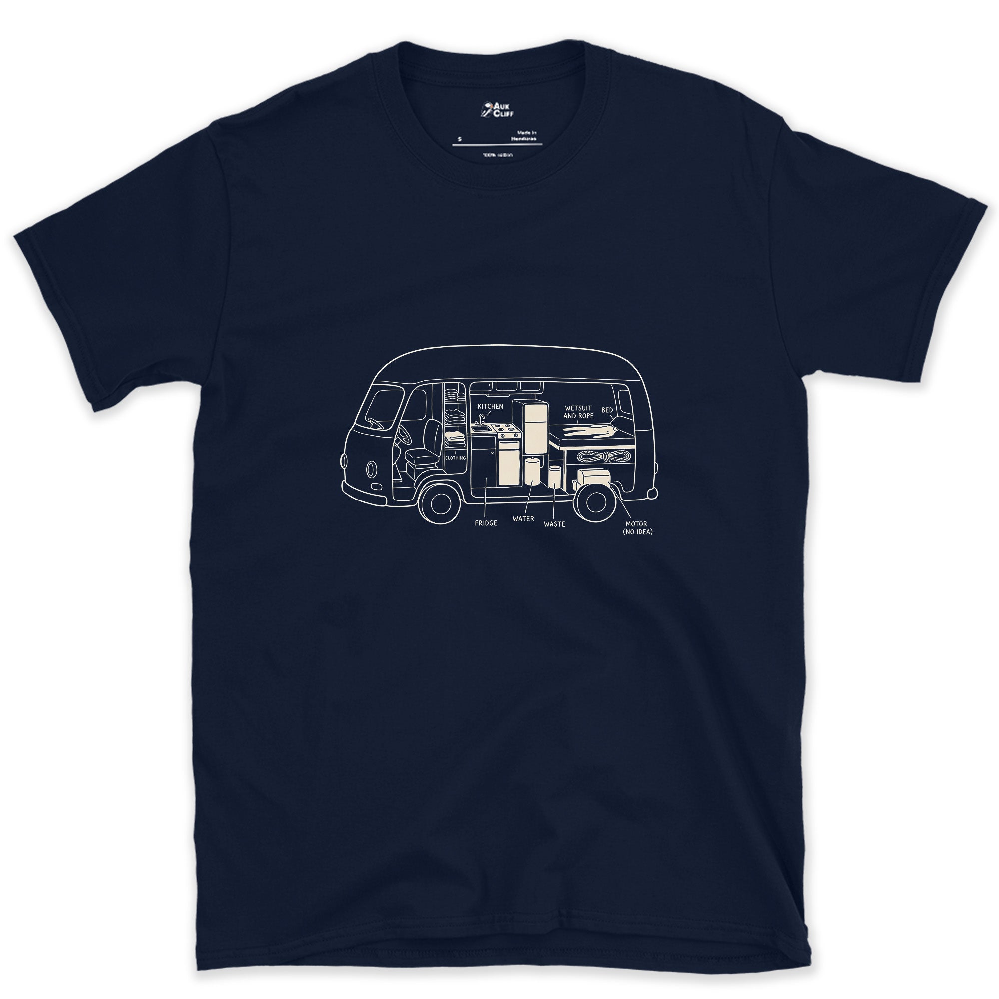 Van Build Cut Away, Tanks and All design on a Navy Gildan Softstyle t-shirt