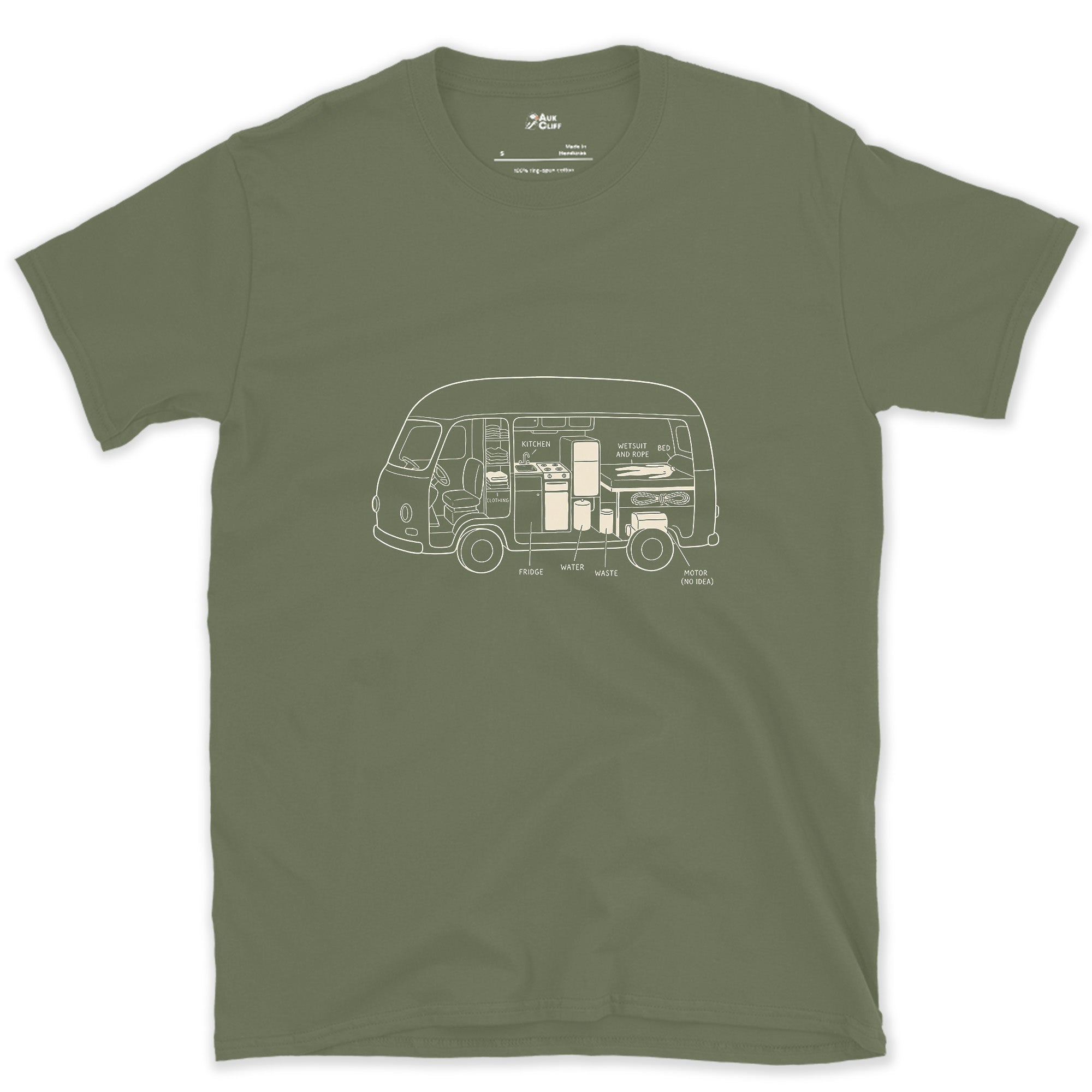 Van Build Cut Away, Tanks and All design on a Military Green Gildan Softstyle t-shirt