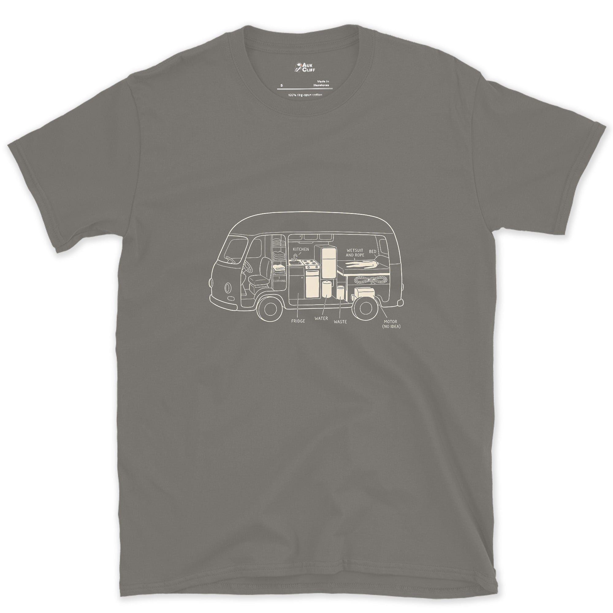 Van Build Cut Away, Tanks and All design on a Charcoal Gildan Softstyle t-shirt